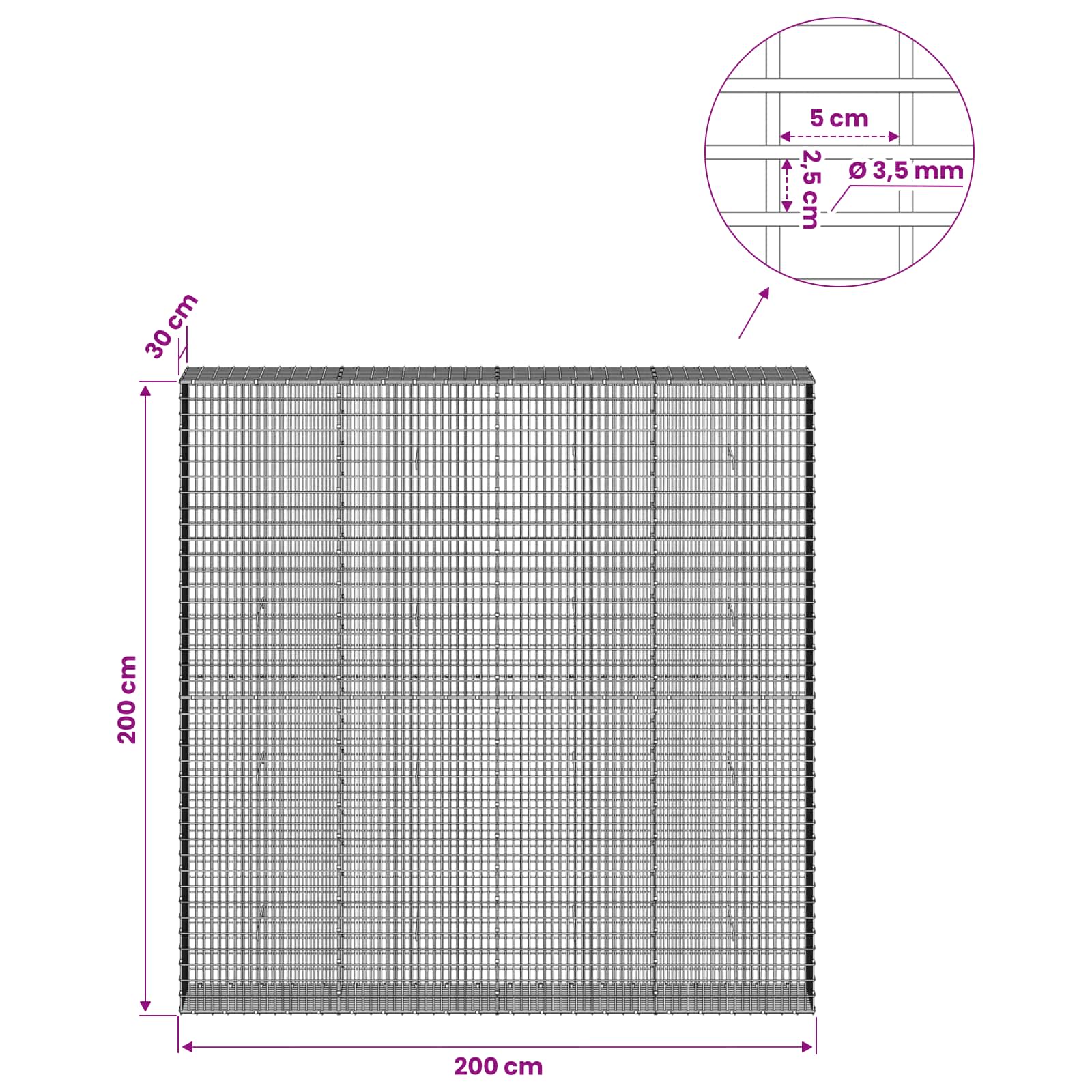 Gabion z žico 3,5 mm in mrežo 5x2,5 cm 200x30x200 cm
