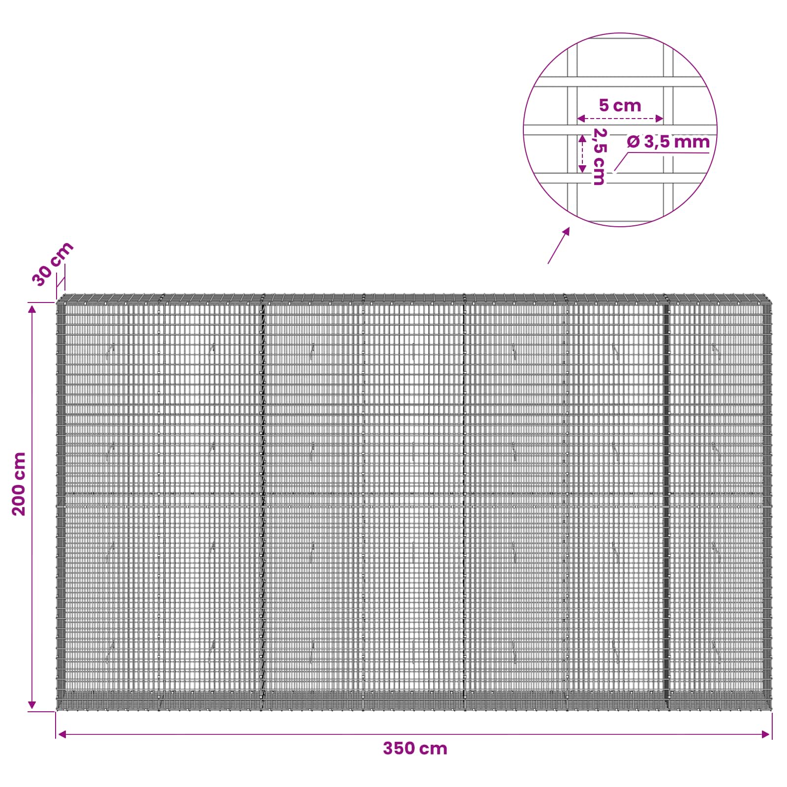 Gabion z žico 3,5 mm in mrežo 5x2,5 cm 350x30x200 cm