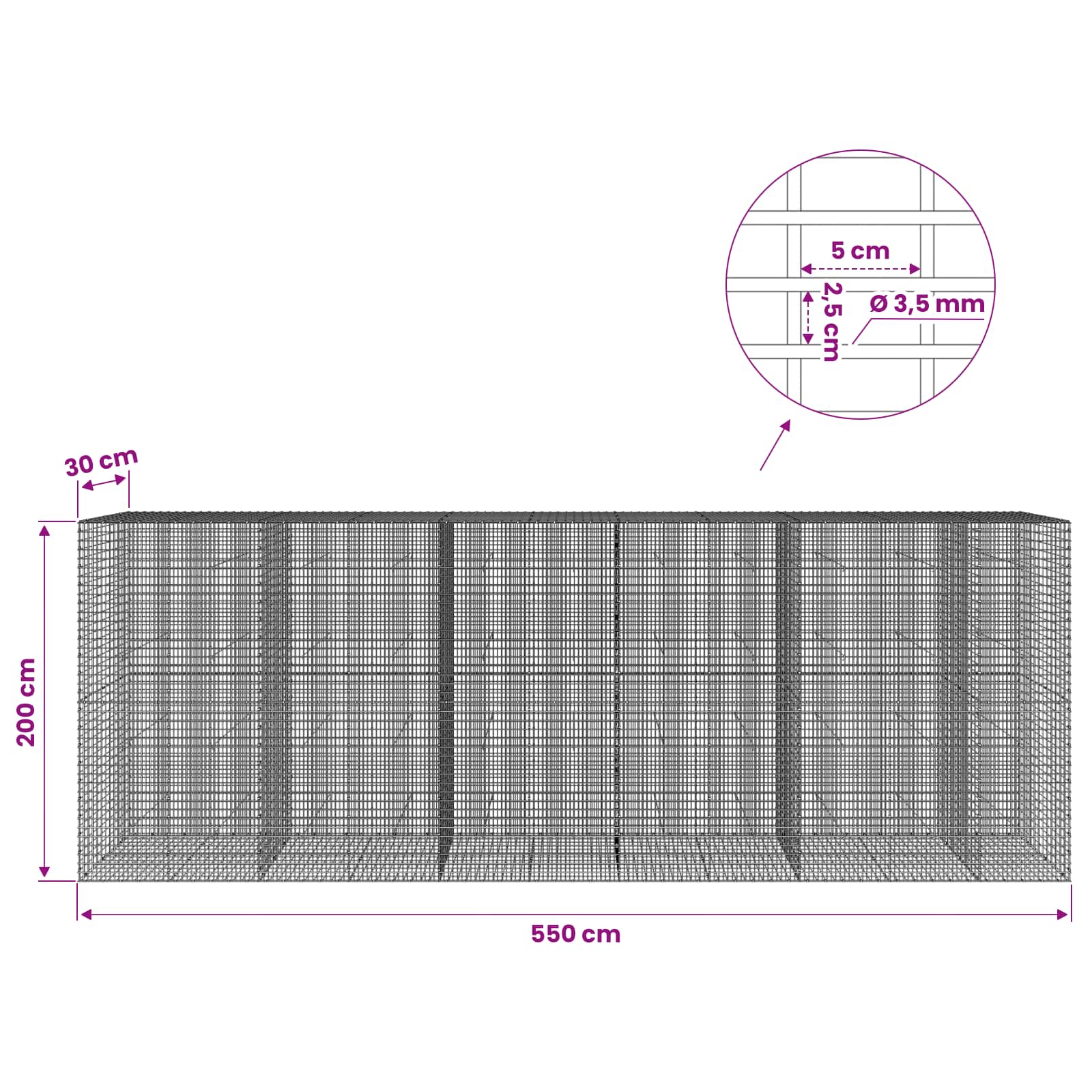Gabion z žico 3,5 mm in mrežo 5x2,5 cm 550x30x200 cm