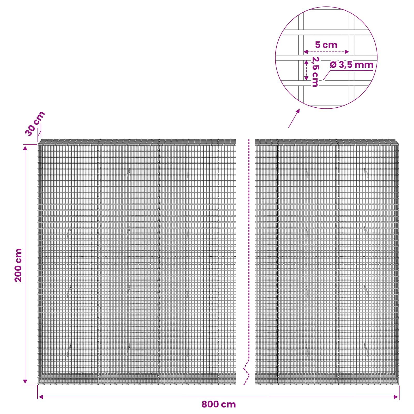 Gabion z žico 3,5 mm in mrežo 5x2,5 cm 800x30x200 cm