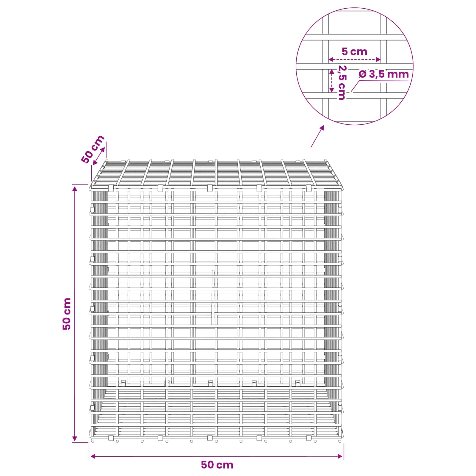 Gabion z žico 3,5 mm in mrežo 5x2,5 cm 50x50x50 cm