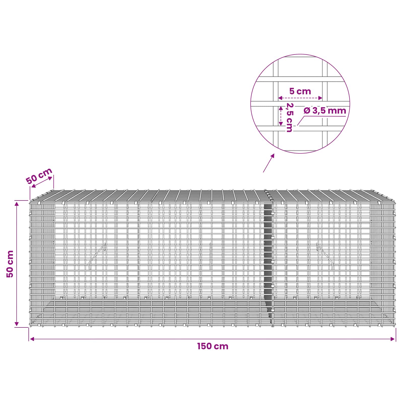 Gabion z žico 3,5 mm in mrežo 5x2,5 cm 150x50x50 cm