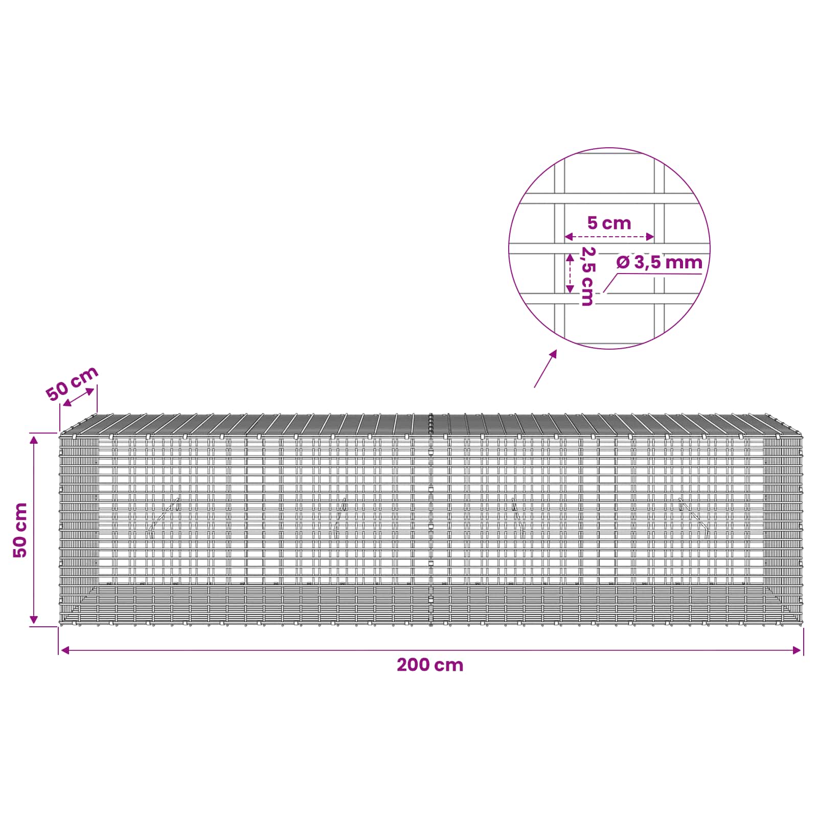Gabion z žico 3,5 mm in mrežo 5x2,5 cm 200x50x50 cm