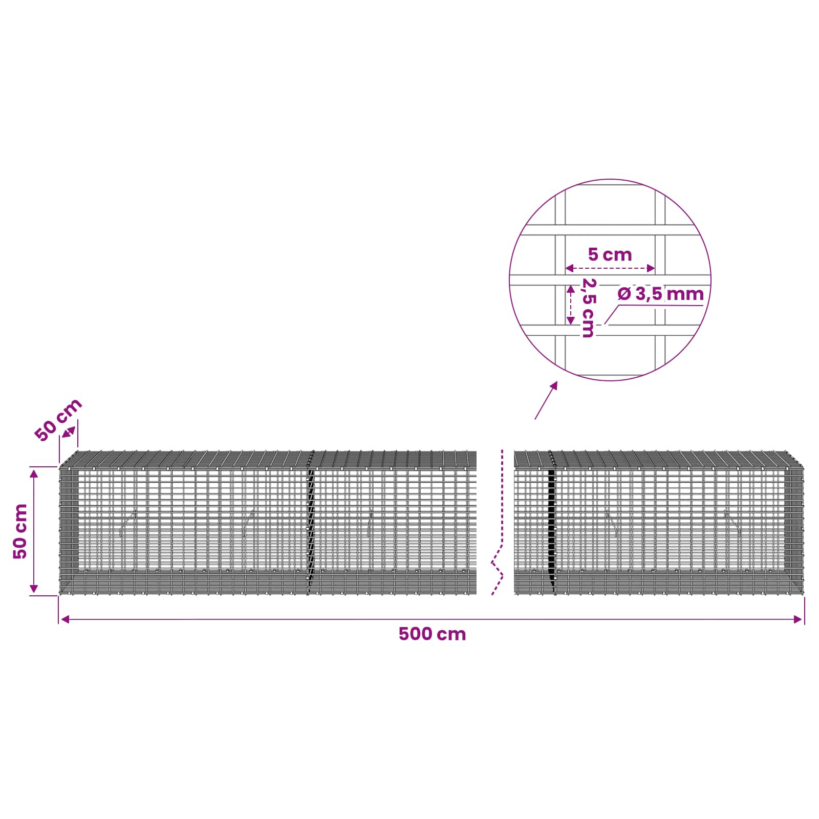 Gabion z žico 3,5 mm in mrežo 5x2,5 cm 500x50x50 cm