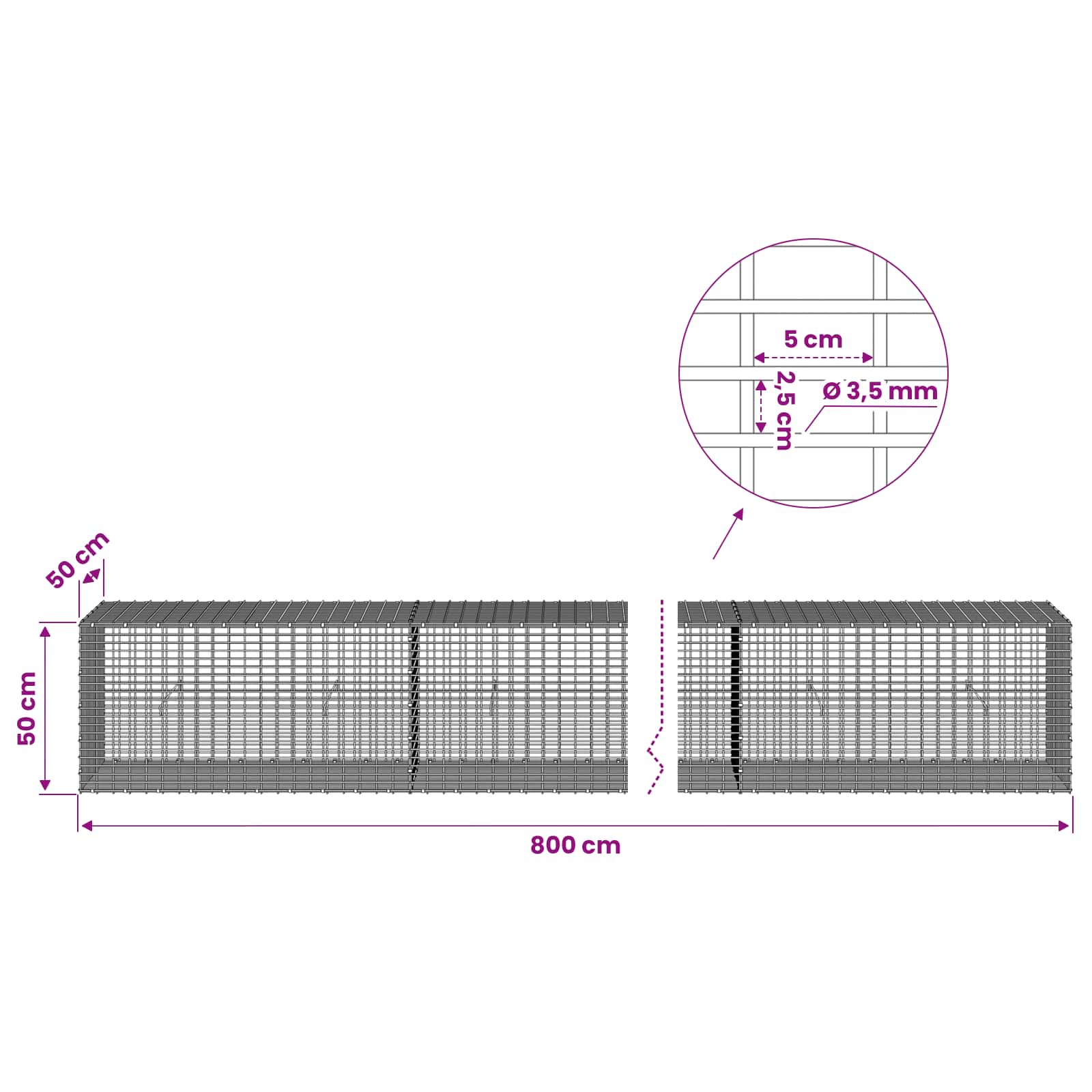 Gabion z žico 3,5 mm in mrežo 5x2,5 cm 800x50x50 cm