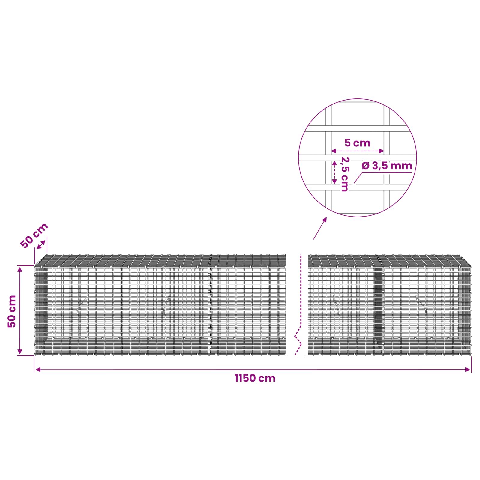 Gabion z žico 3,5 mm in mrežo 5x2,5 cm 1150x50x50 cm