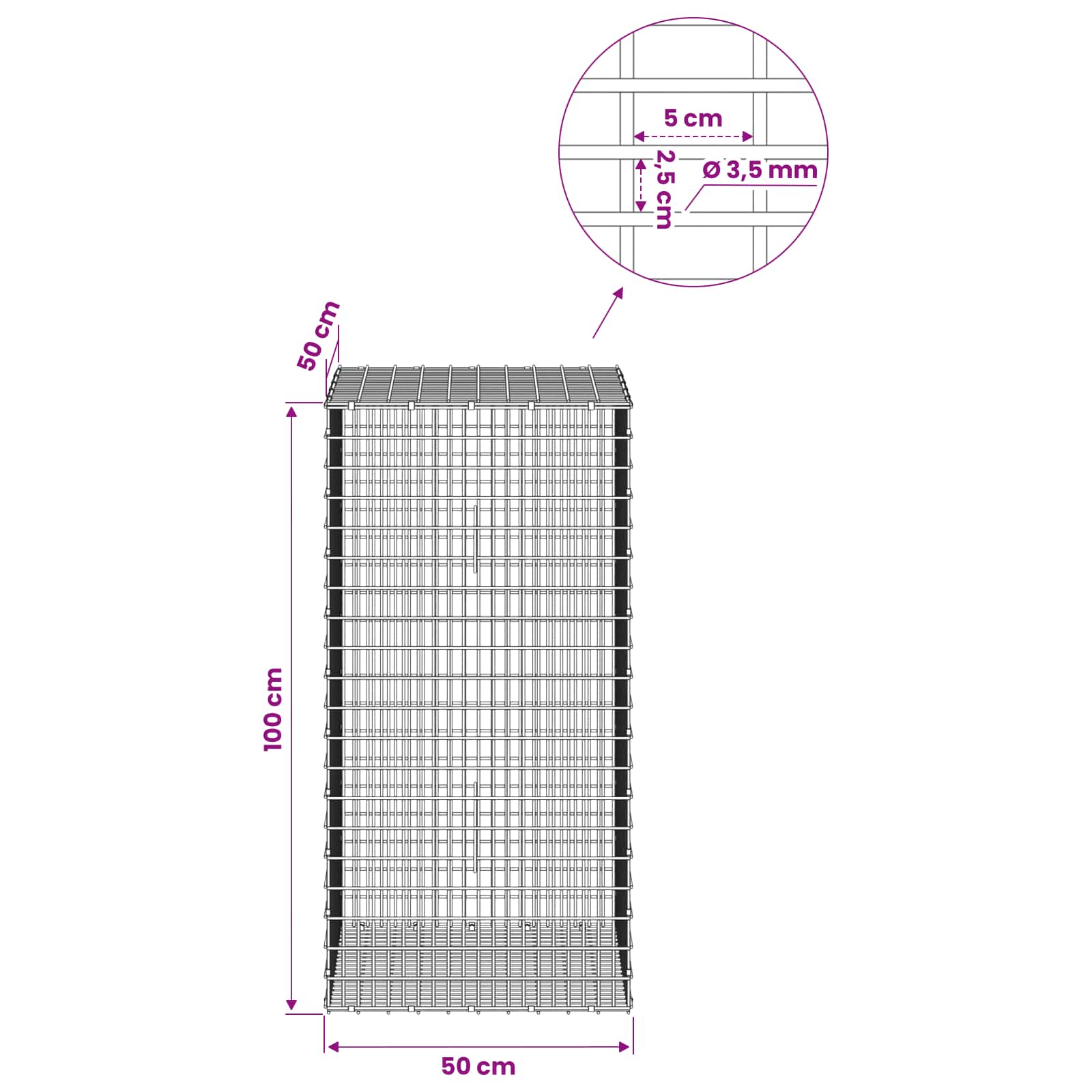 Gabion z žico 3,5 mm in mrežo 5x2,5 cm 50x50x100 cm