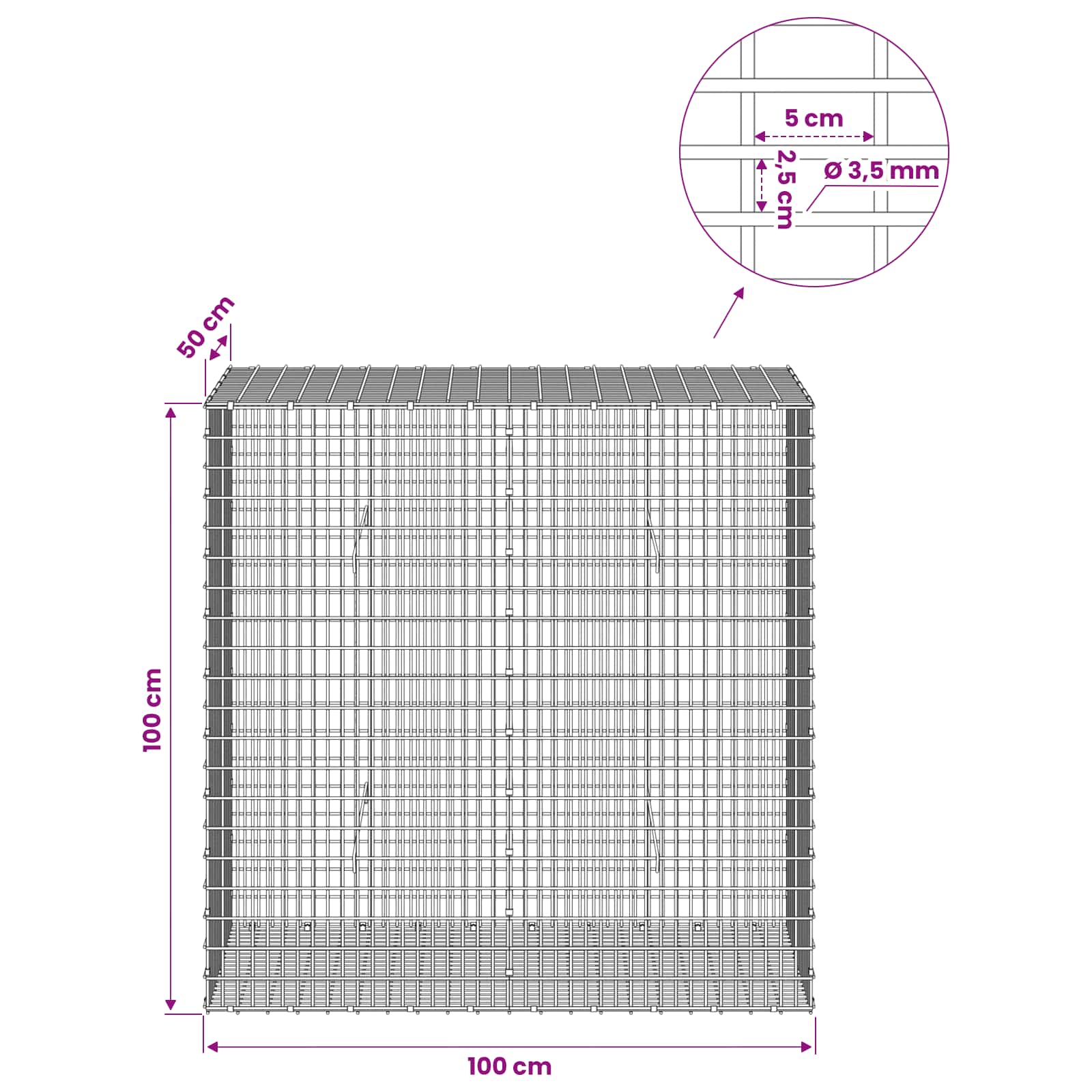 Gabion z žico 3,5 mm in mrežo 5x2,5 cm 100x50x100 cm