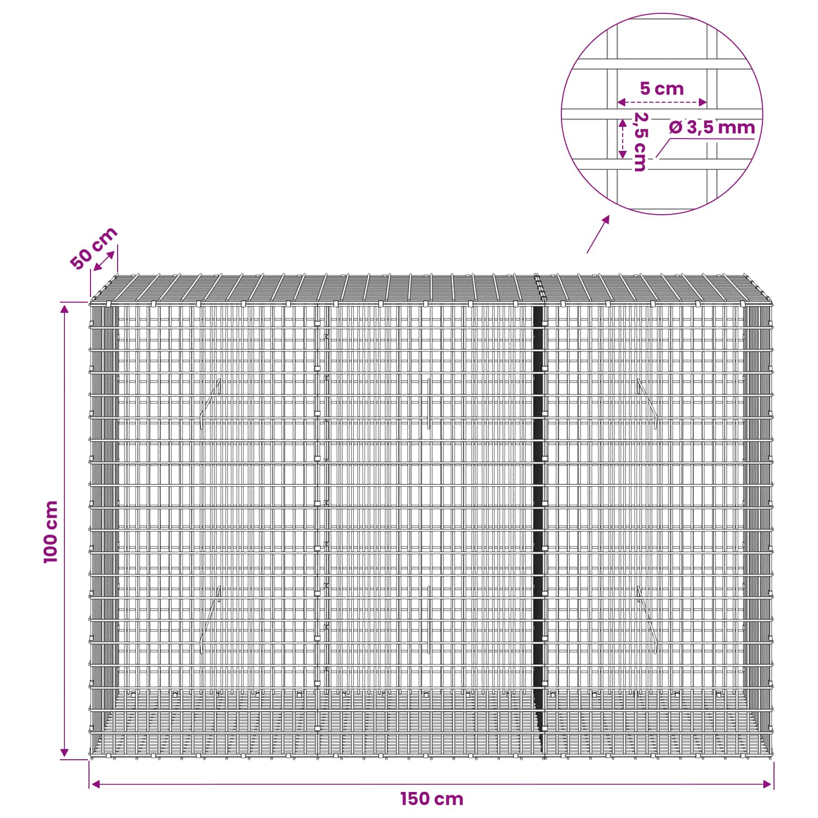 Gabion z žico 3,5 mm in mrežo 5x2,5 cm 150x50x100 cm