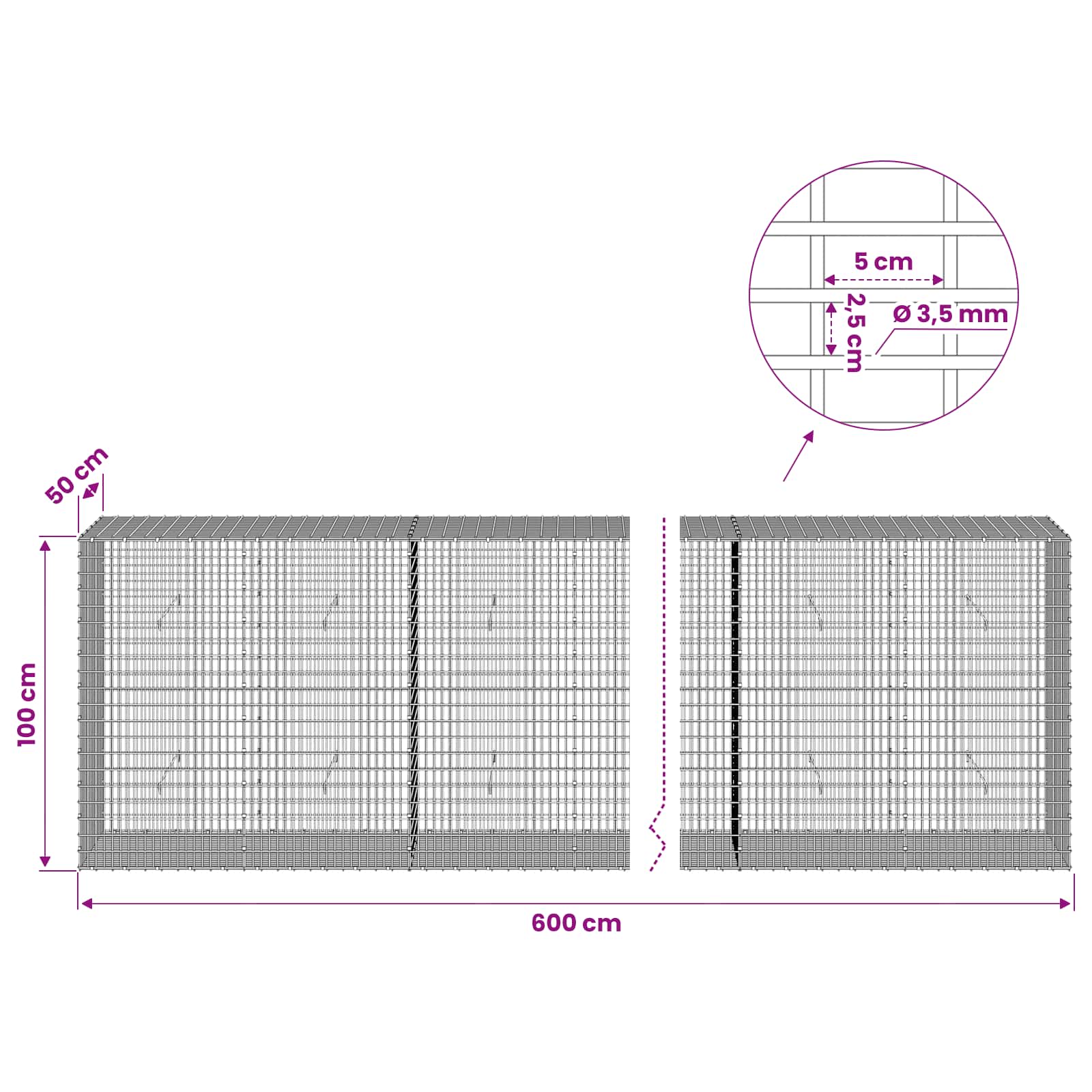 Gabion z žico 3,5 mm in mrežo 5x2,5 cm 600x50x100 cm