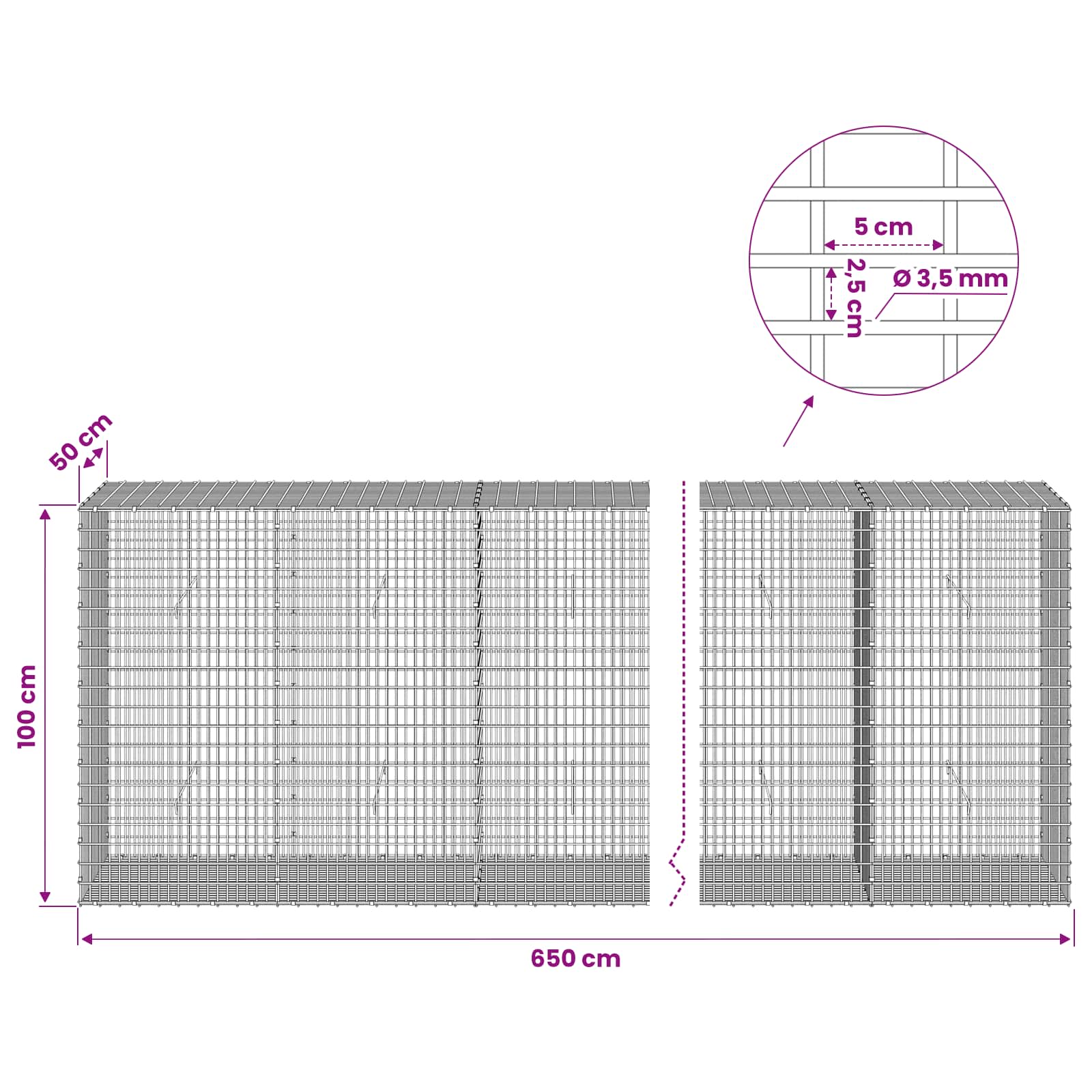 Gabion z žico 3,5 mm in mrežo 5x2,5 cm 650x50x100 cm