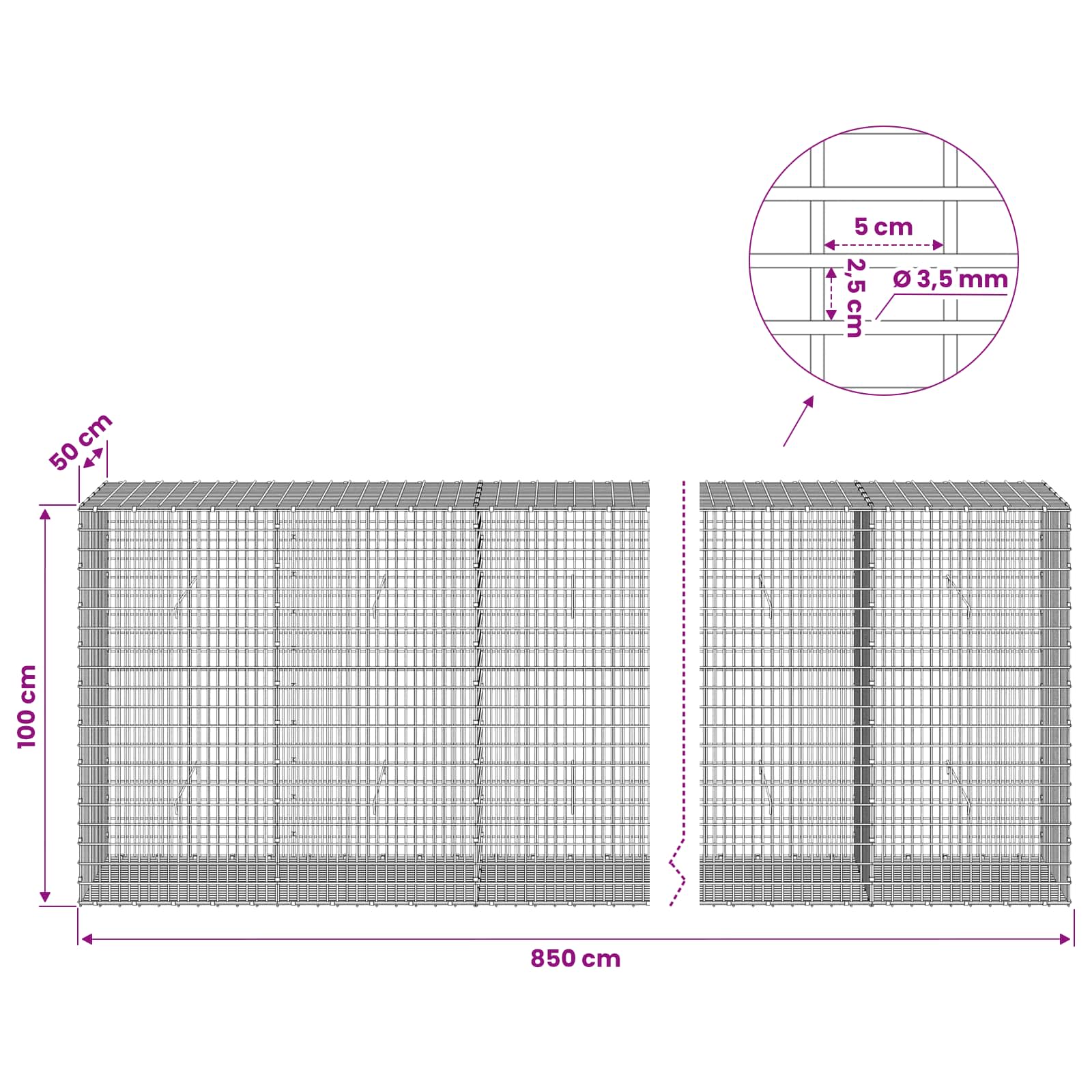 Gabion z žico 3,5 mm in mrežo 5x2,5 cm 850x50x100 cm