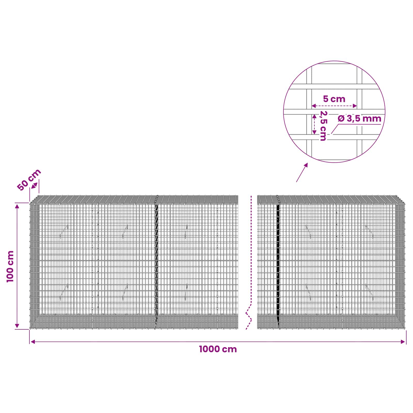 Gabion z žico 3,5 mm in mrežo 5x2,5 cm 1000x50x100 cm