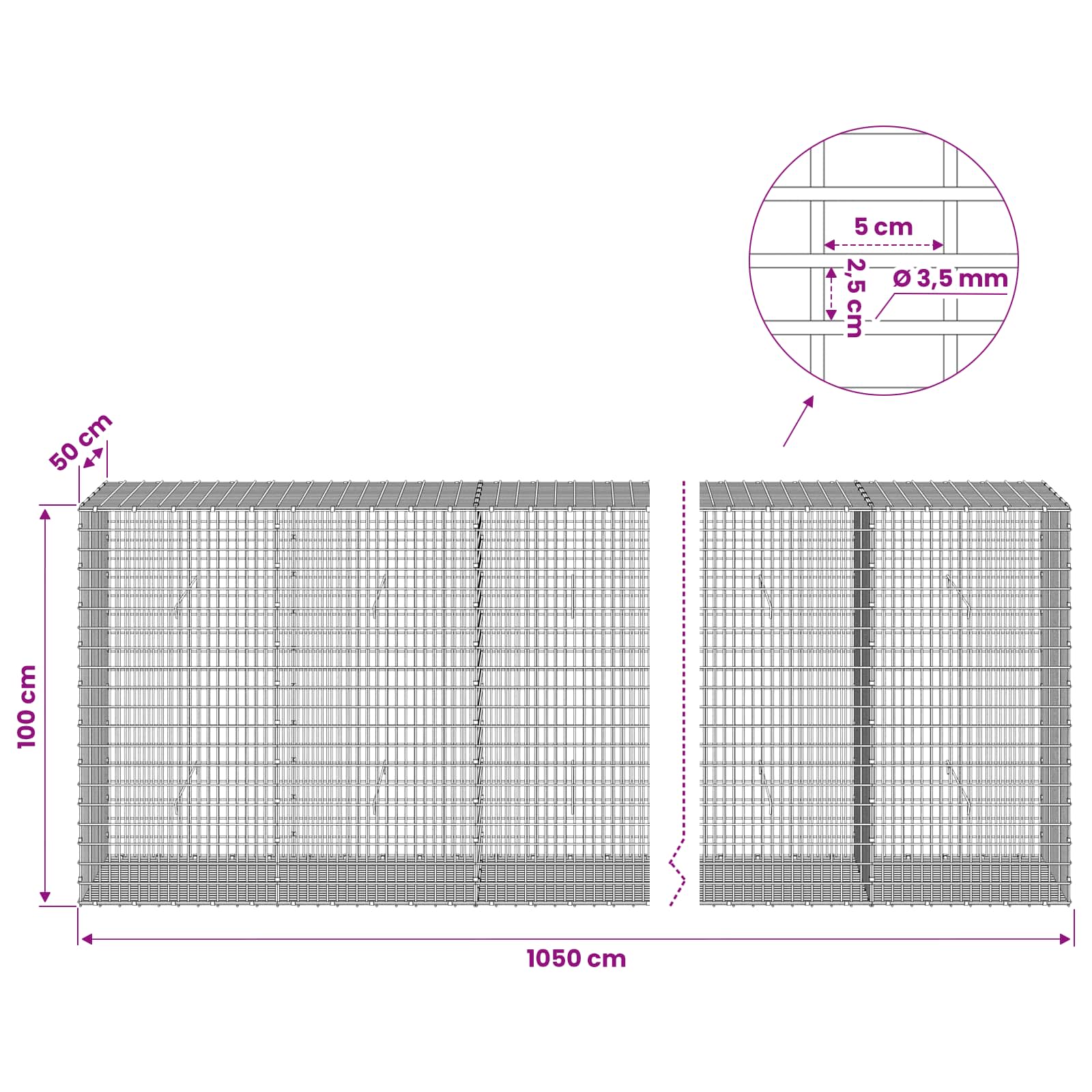 Gabion z žico 3,5 mm in mrežo 5x2,5 cm 1050x50x100 cm