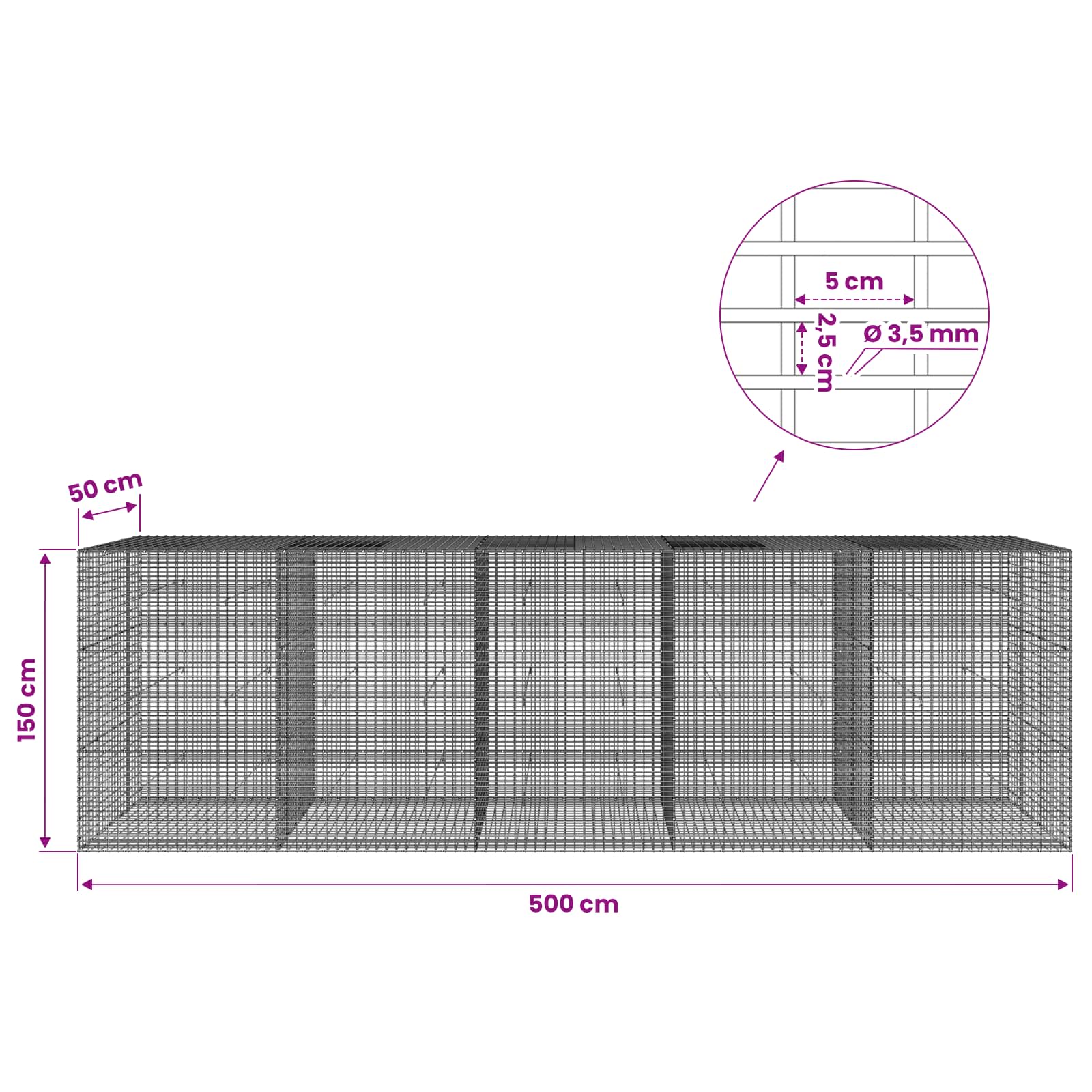 Gabion z žico 3,5 mm in mrežo 5x2,5 cm 500x50x150 cm