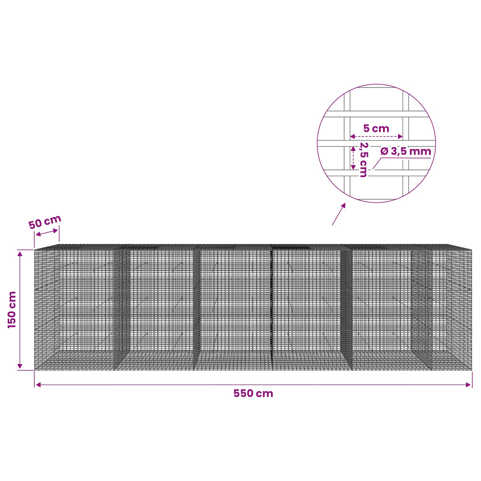 Gabion z žico 3,5 mm in mrežo 5x2,5 cm 550x50x150 cm