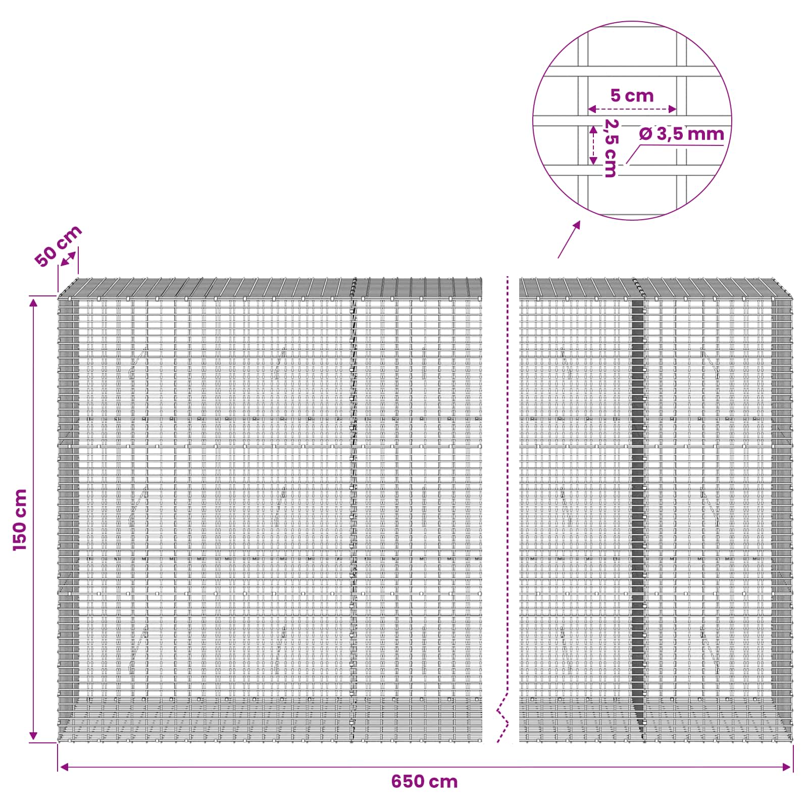 Gabion z žico 3,5 mm in mrežo 5x2,5 cm 650x50x150 cm