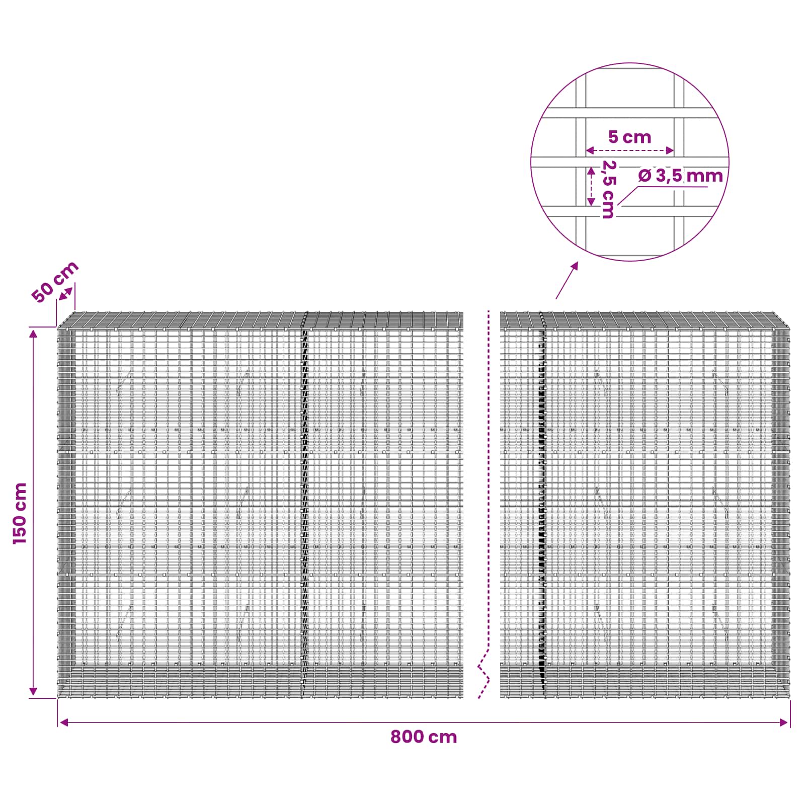 Gabion z žico 3,5 mm in mrežo 5x2,5 cm 800x50x150 cm