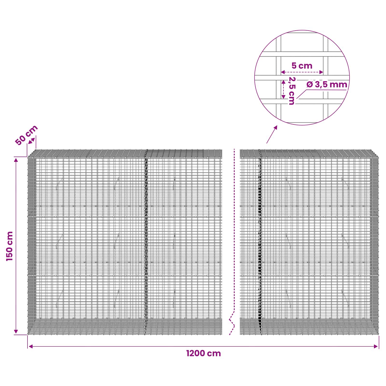 Gabion z žico 3,5 mm in mrežo 5x2,5 cm 1200x50x150 cm