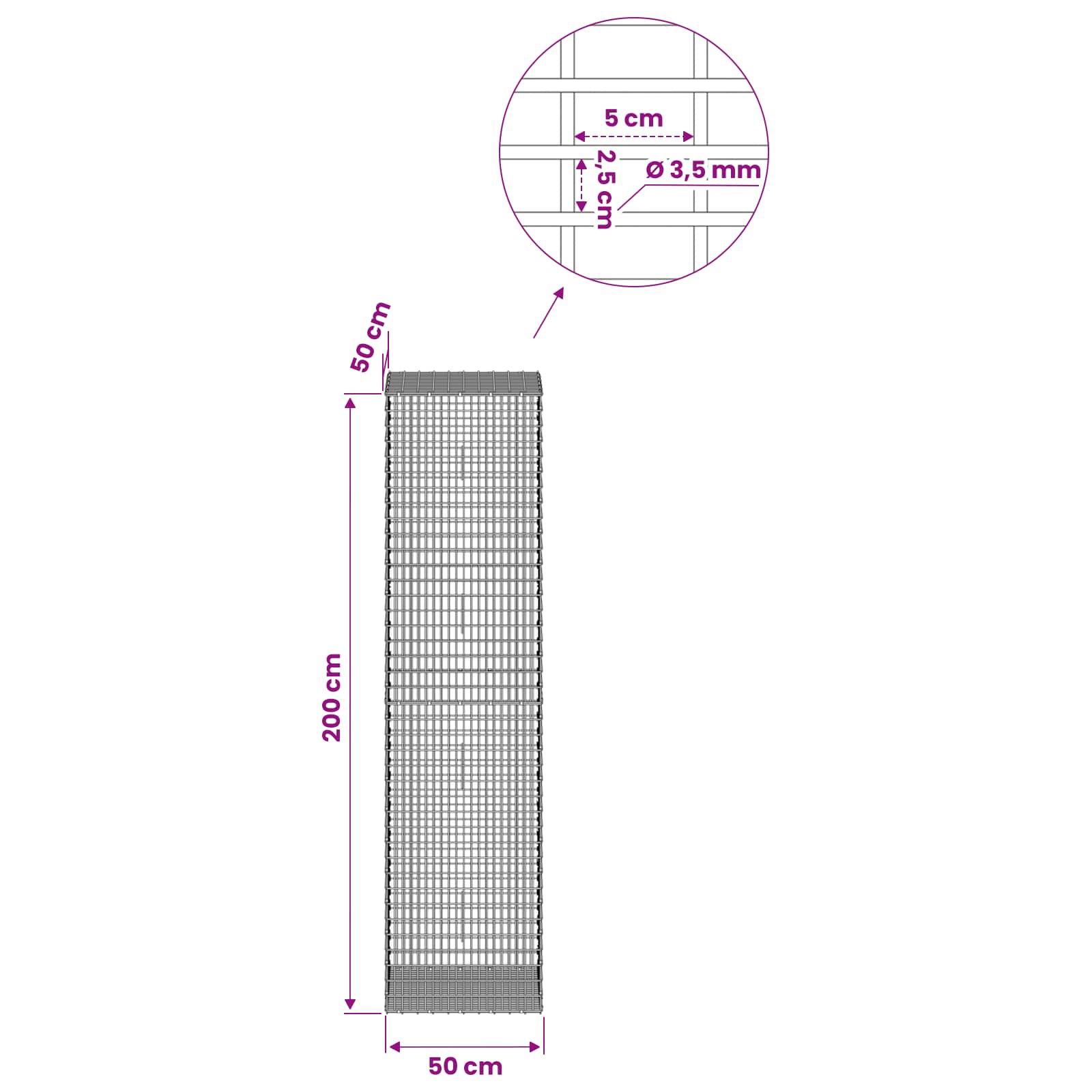 Gabion z žico 3,5 mm in mrežo 5x2,5 cm 50x50x200 cm