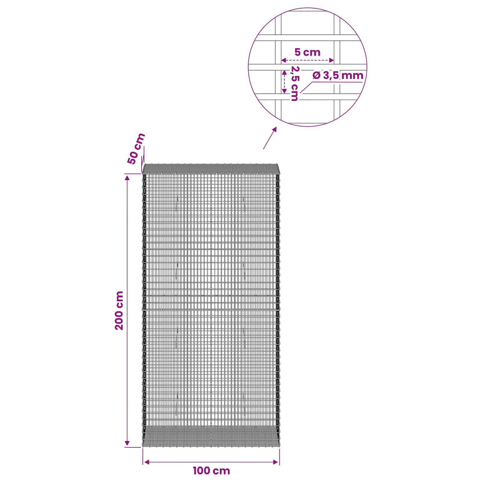 Gabion z žico 3,5 mm in mrežo 5x2,5 cm 100x50x200 cm