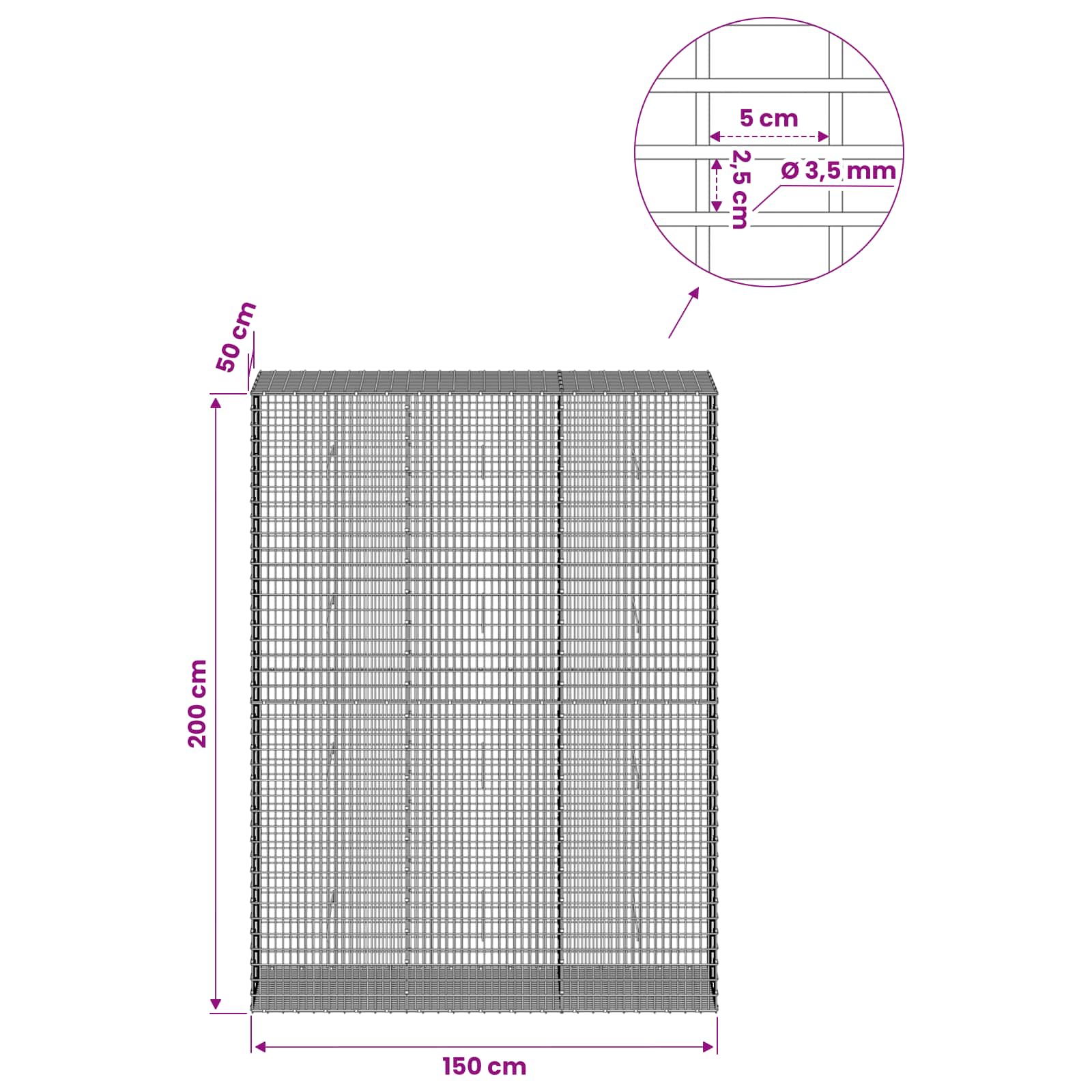 Gabion z žico 3,5 mm in mrežo 5x2,5 cm 150x50x200 cm
