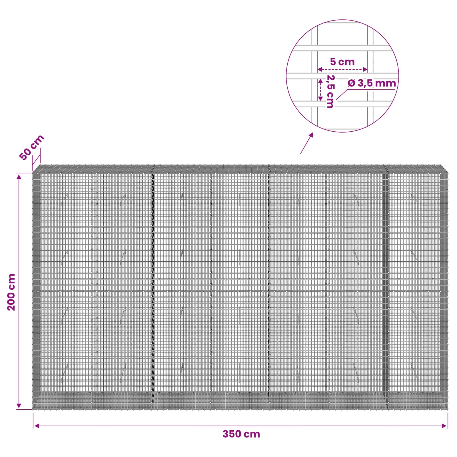 Gabion z žico 3,5 mm in mrežo 5x2,5 cm 350x50x200 cm