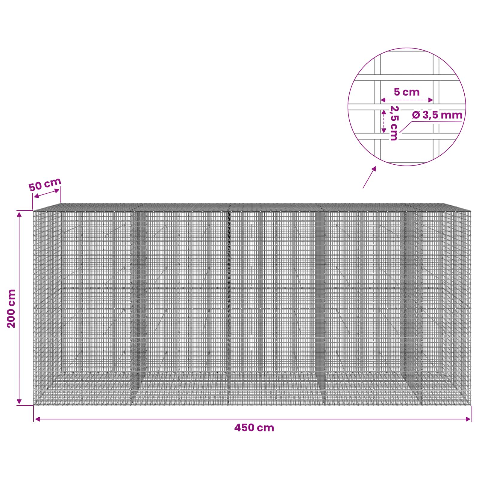Gabion z žico 3,5 mm in mrežo 5x2,5 cm 450x50x200 cm
