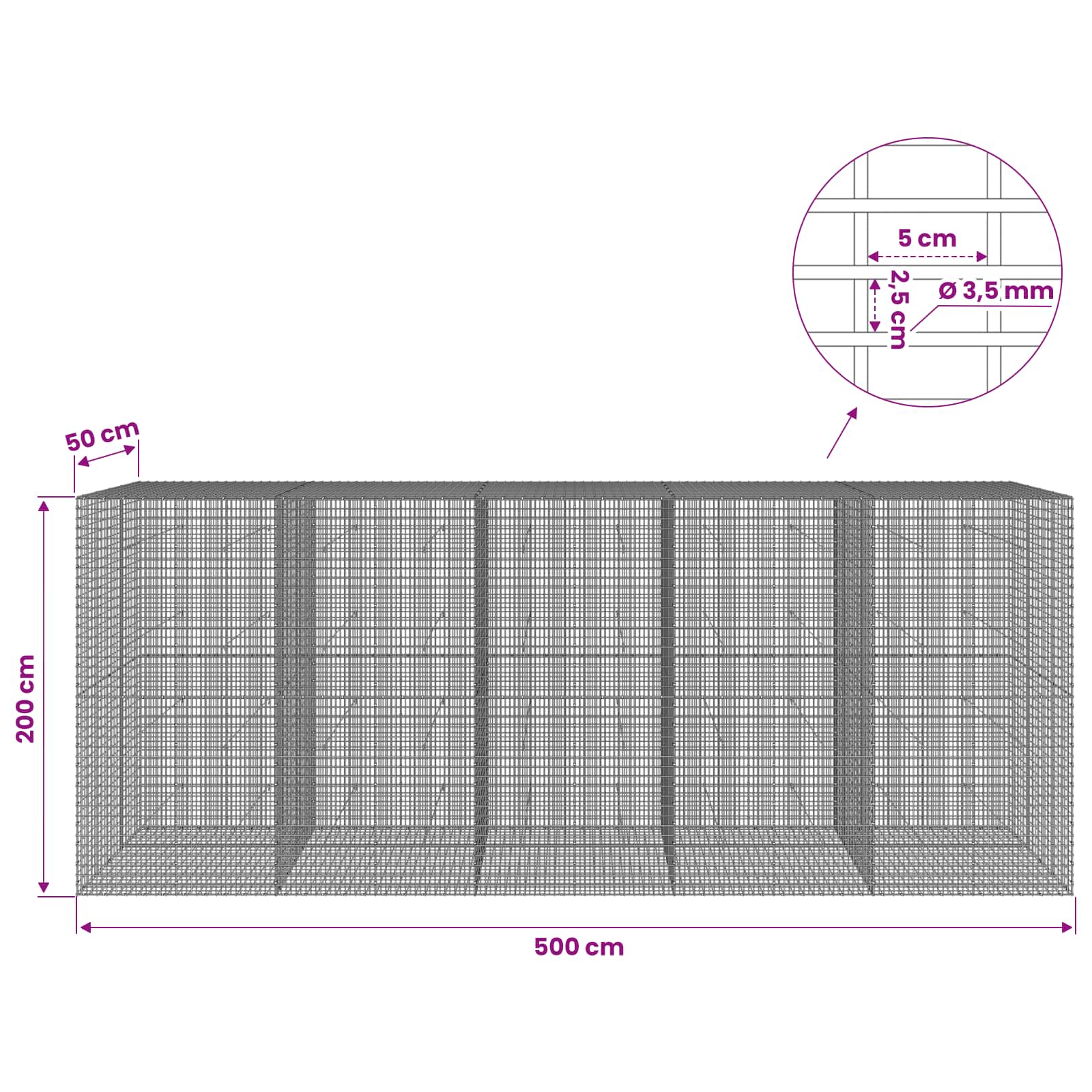 Gabion z žico 3,5 mm in mrežo 5x2,5 cm 500x50x200 cm