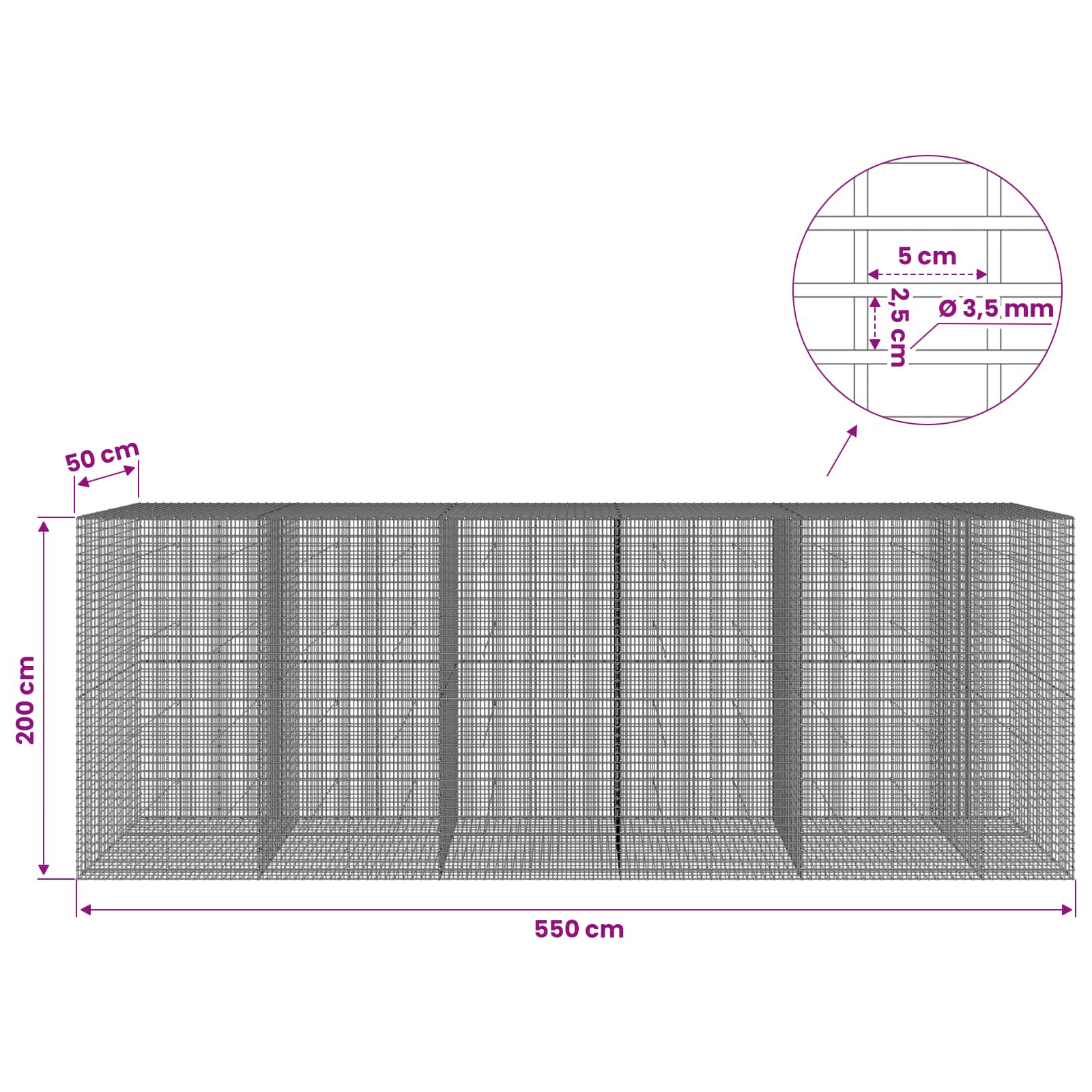 Gabion z žico 3,5 mm in mrežo 5x2,5 cm 550x50x200 cm