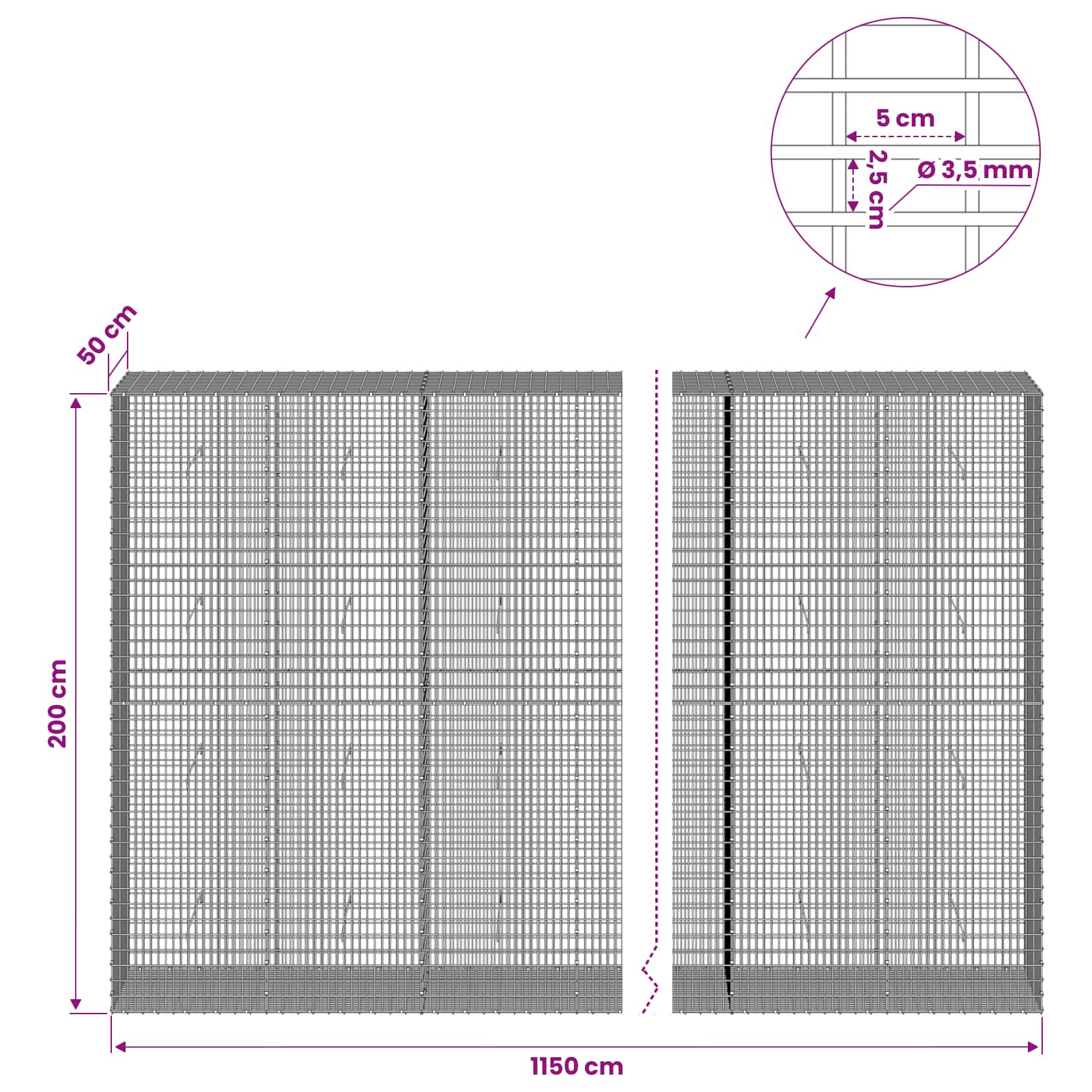 Gabion z žico 3,5 mm in mrežo 5x2,5 cm 1150x50x200 cm