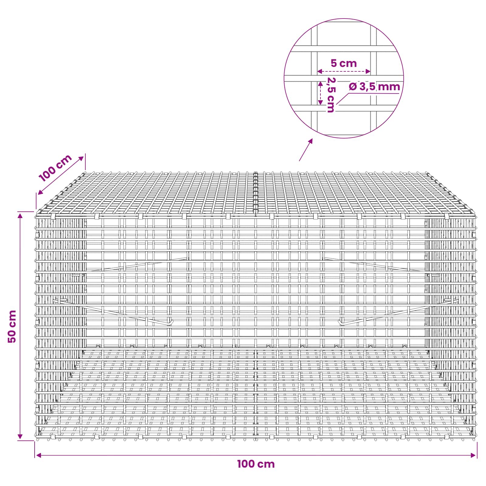 Gabion z žico 3,5 mm in mrežo 5x2,5 cm 100x100x50 cm