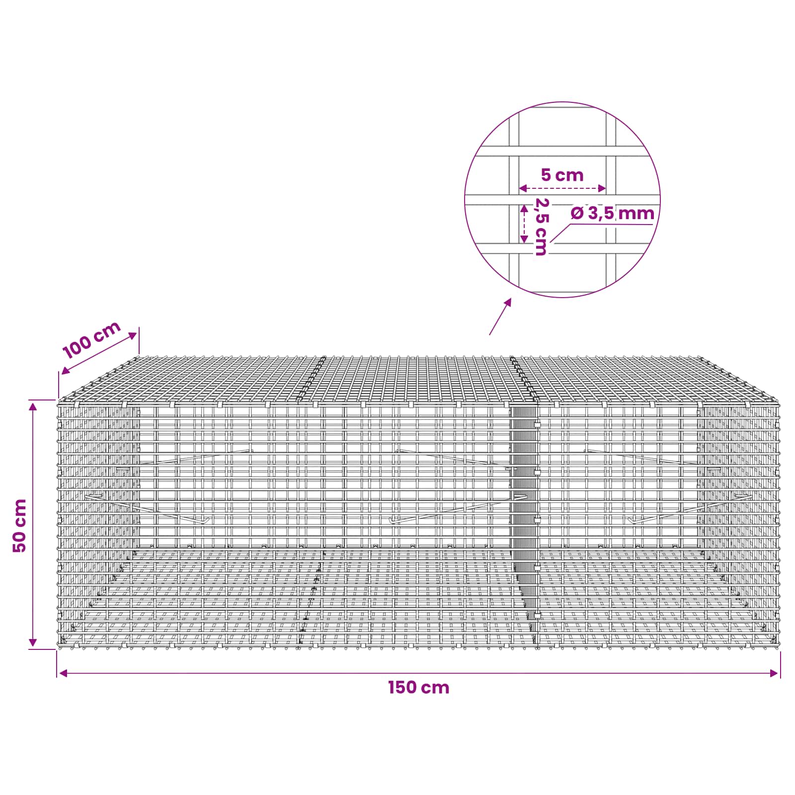 Gabion z žico 3,5 mm in mrežo 5x2,5 cm 150x100x50 cm