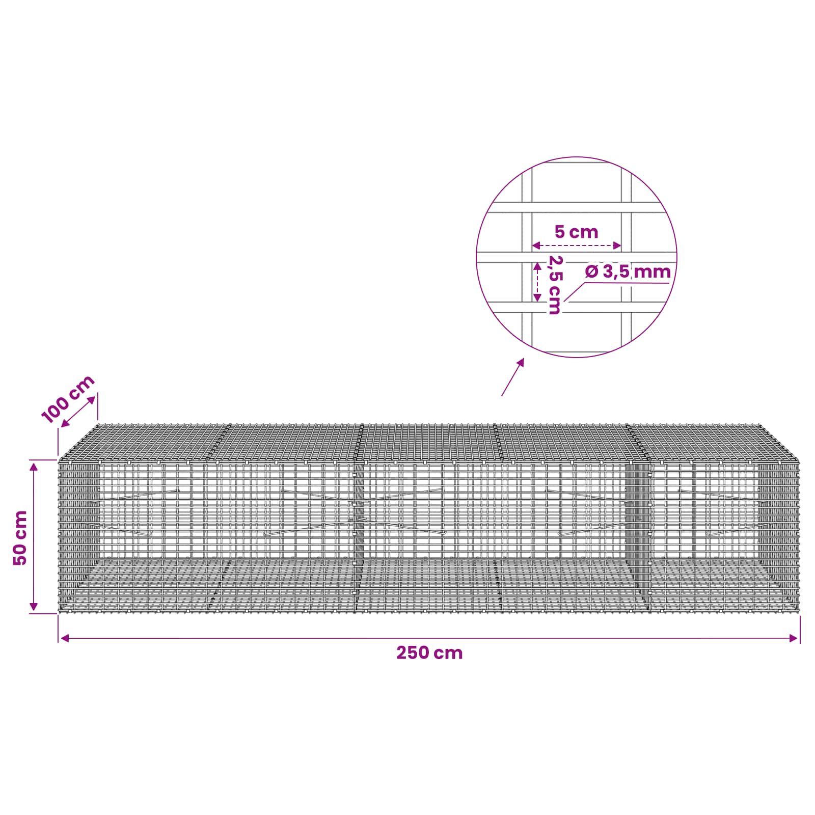 Gabion z žico 3,5 mm in mrežo 5x2,5 cm 250x100x50 cm