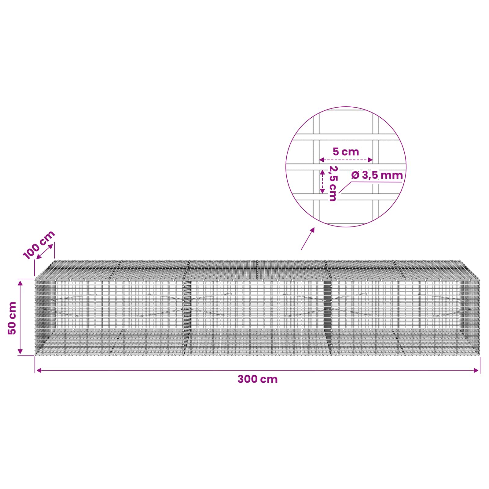 Gabion z žico 3,5 mm in mrežo 5x2,5 cm 300x100x50 cm