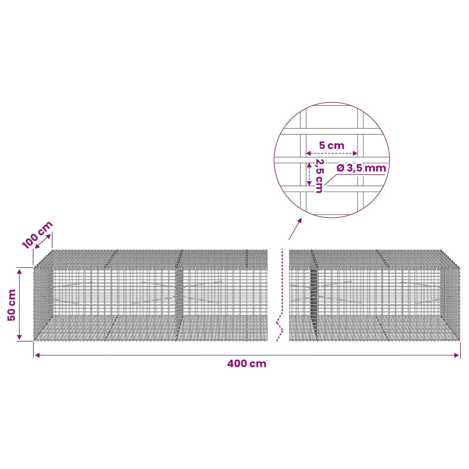 Gabion z žico 3,5 mm in mrežo 5x2,5 cm 400x100x50 cm
