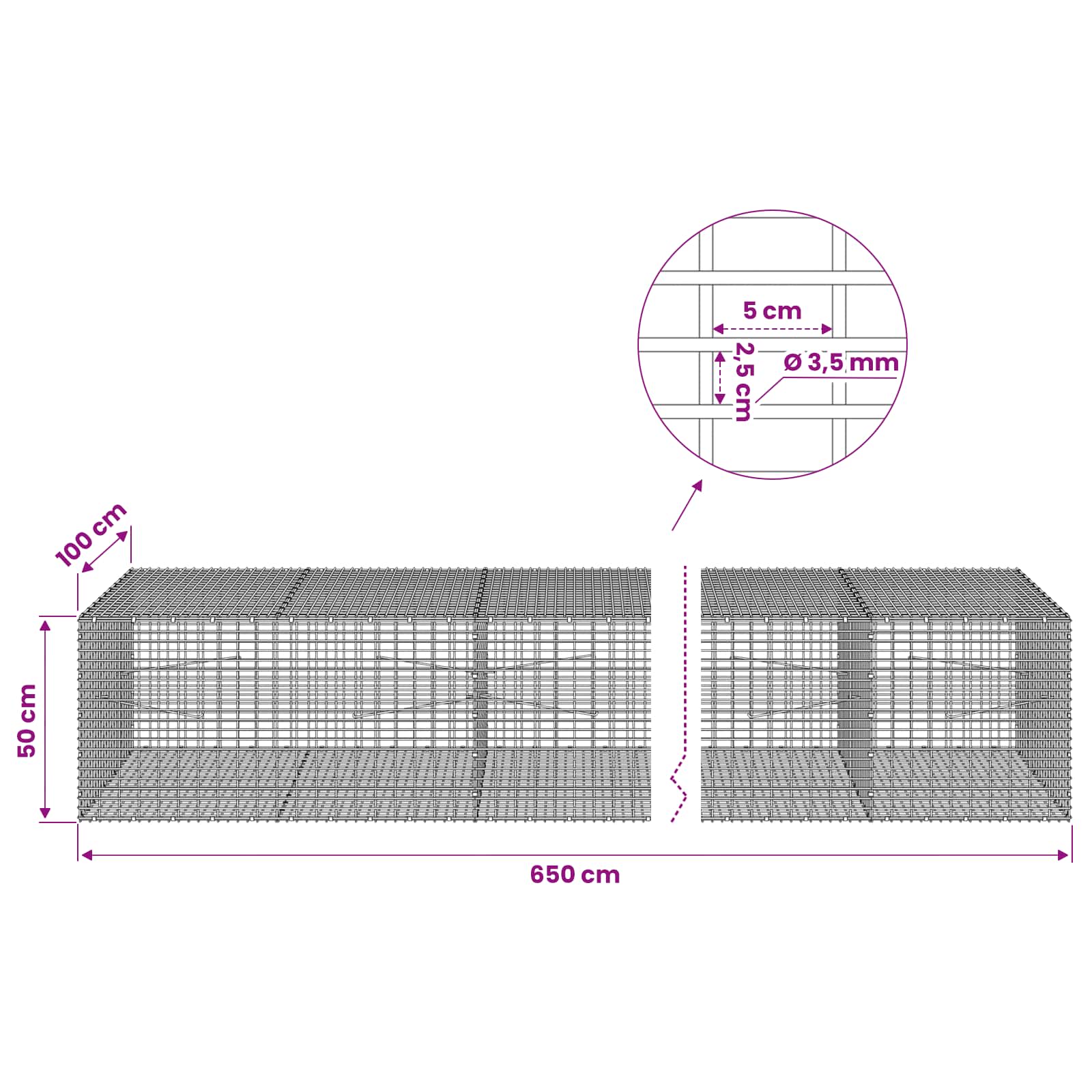 Gabion z žico 3,5 mm in mrežo 5x2,5 cm 650x100x50 cm