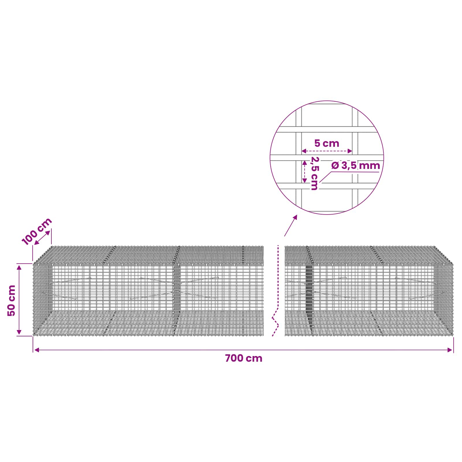 Gabion z žico 3,5 mm in mrežo 5x2,5 cm 700x100x50 cm