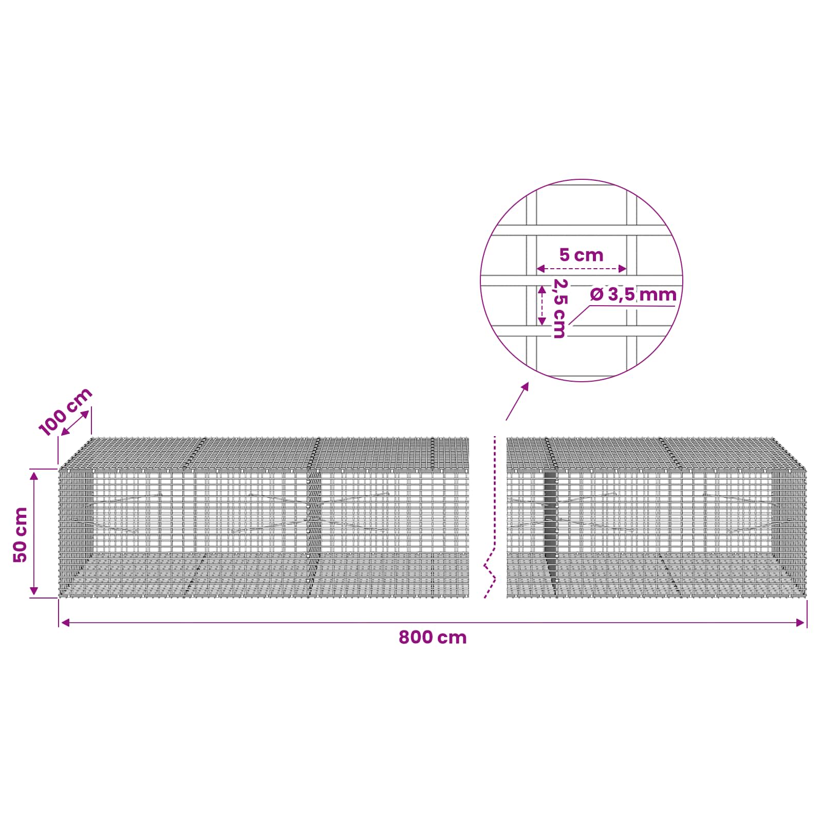 Gabion z žico 3,5 mm in mrežo 5x2,5 cm 800x100x50 cm