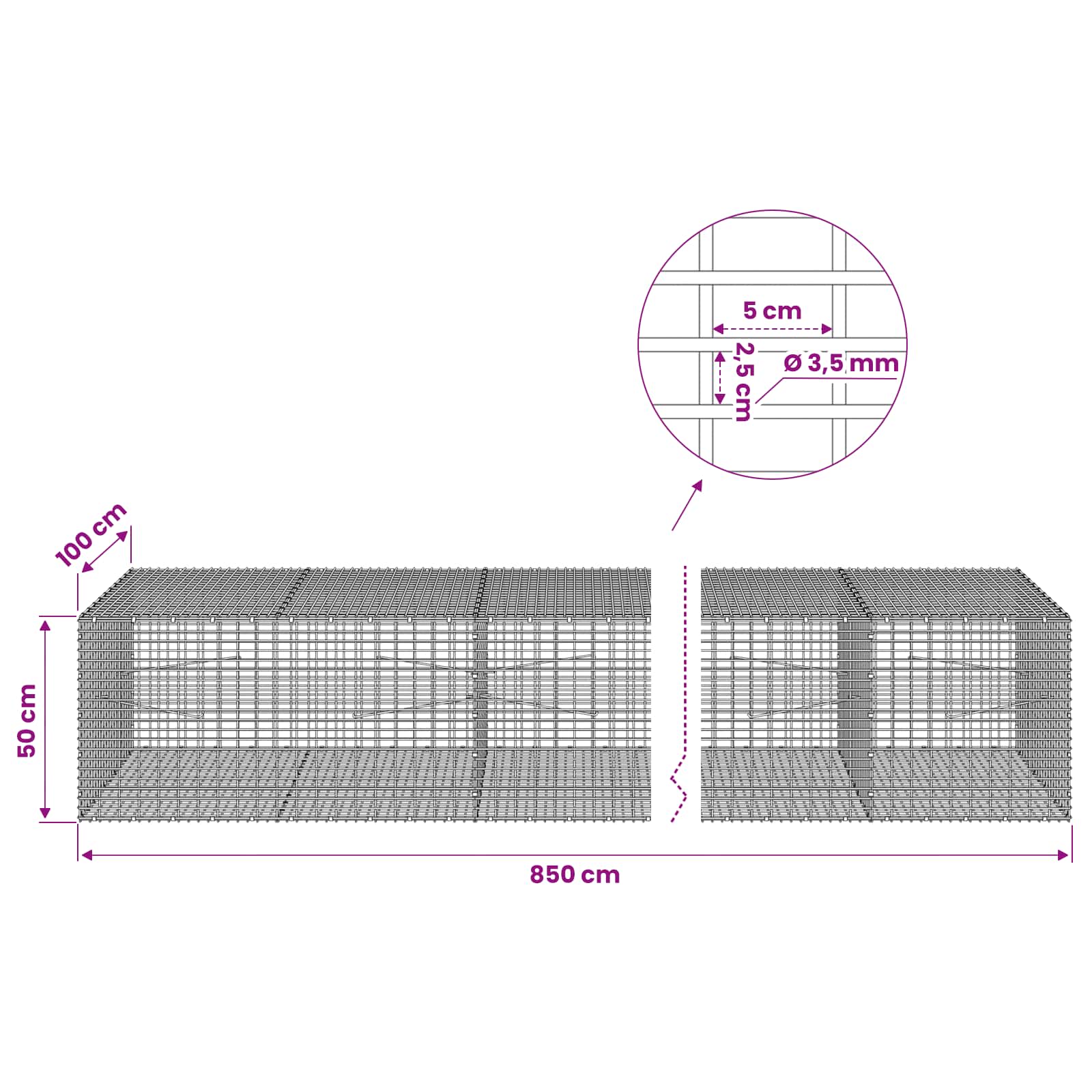 Gabion z žico 3,5 mm in mrežo 5x2,5 cm 850x100x50 cm