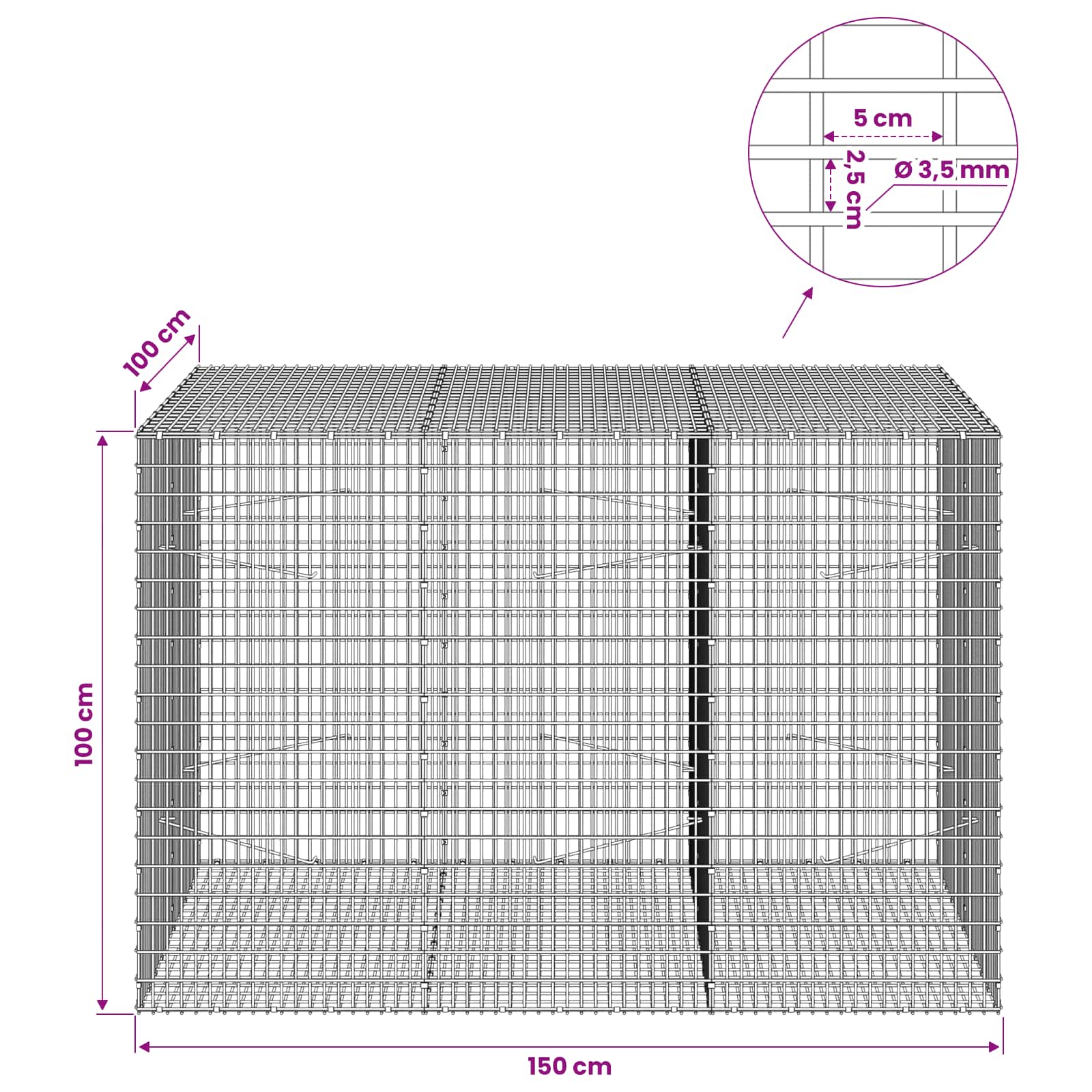 Gabion z žico 3,5 mm in mrežo 5x2,5 cm 150x100x100 cm