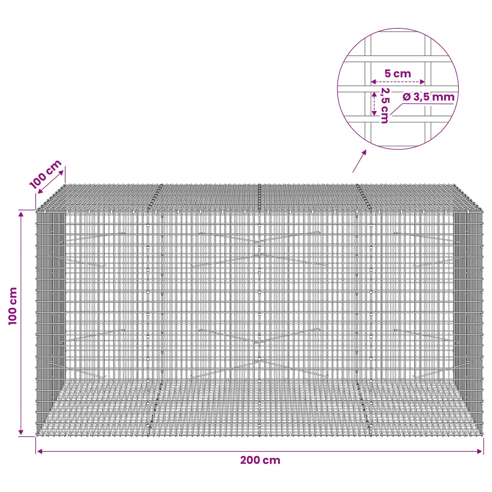 Gabion z žico 3,5 mm in mrežo 5x2,5 cm 200x100x100 cm