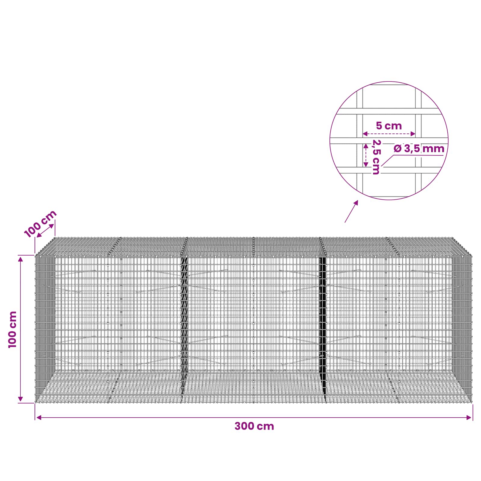 Gabion z žico 3,5 mm in mrežo 5x2,5 cm 300x100x100 cm
