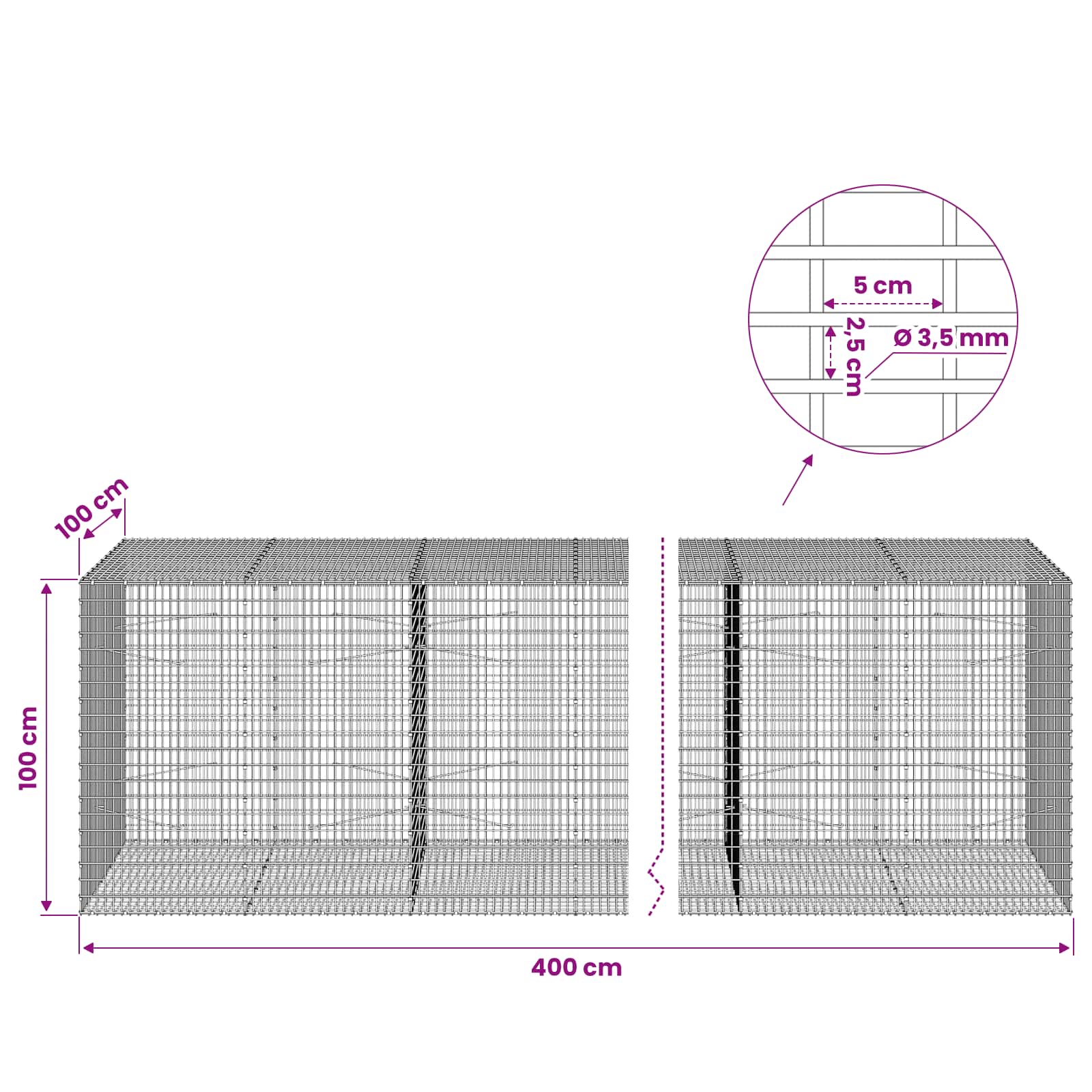 Gabion z žico 3,5 mm in mrežo 5x2,5 cm 400x100x100 cm