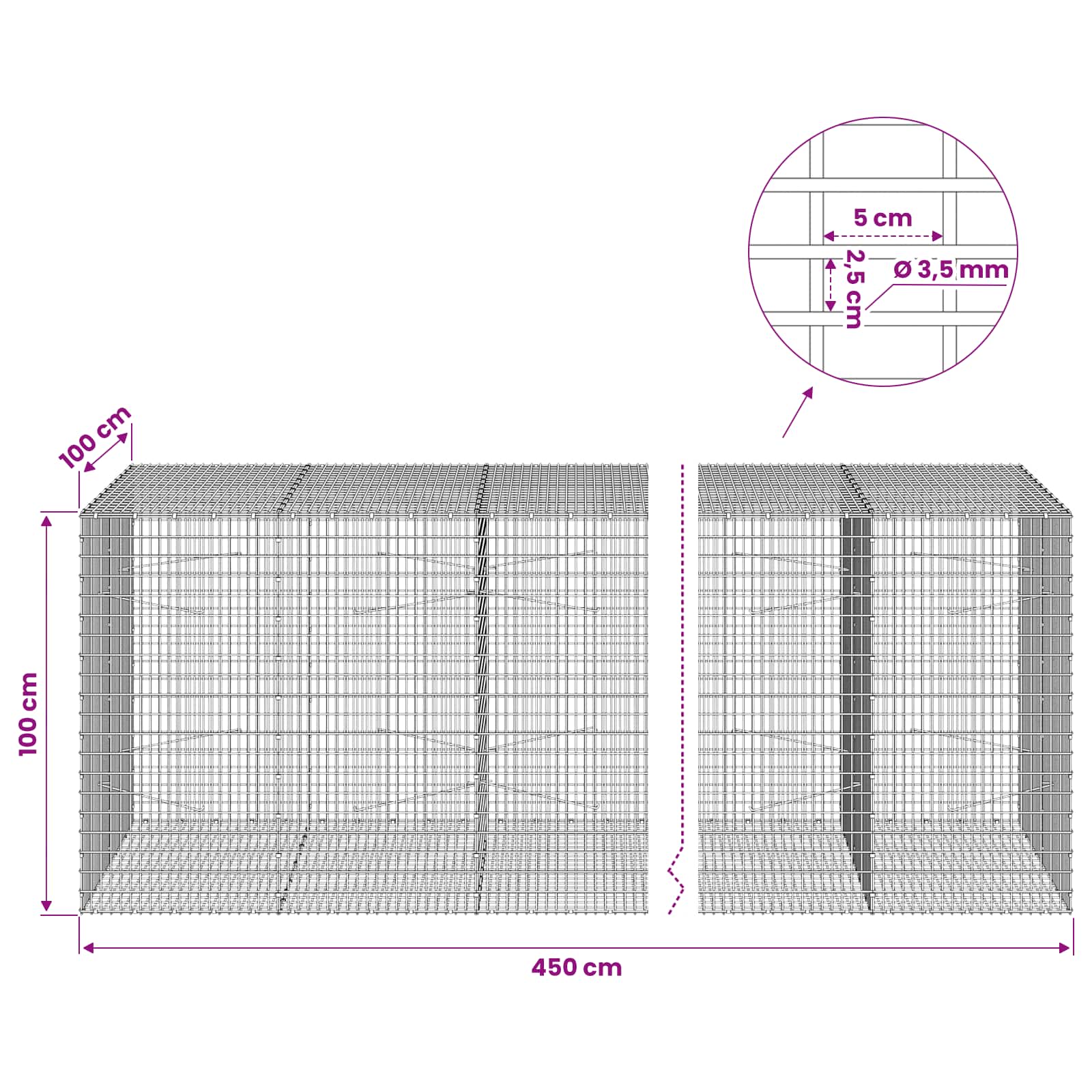 Gabion z žico 3,5 mm in mrežo 5x2,5 cm 450x100x100 cm