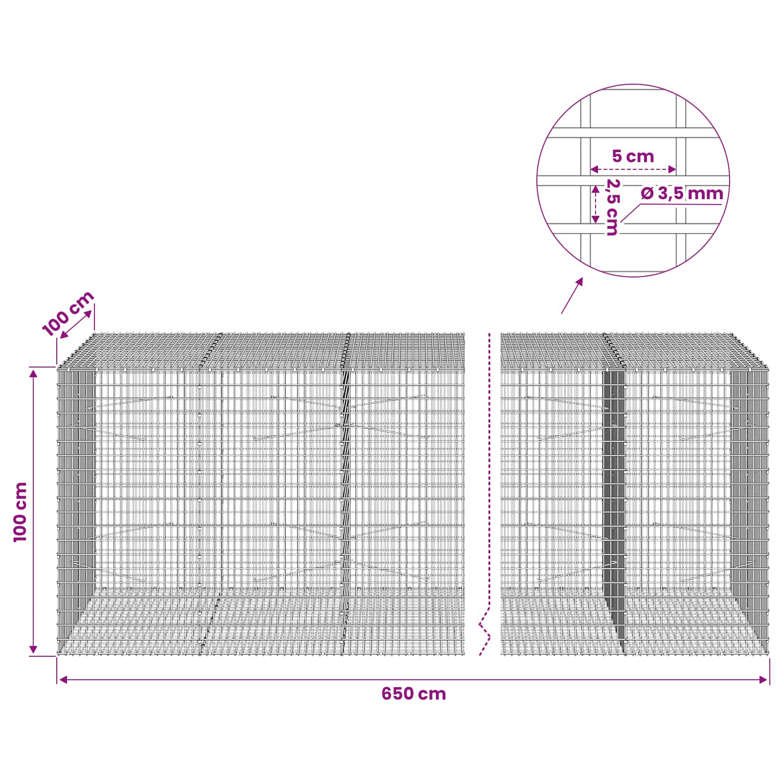 Gabion z žico 3,5 mm in mrežo 5x2,5 cm 650x100x100 cm