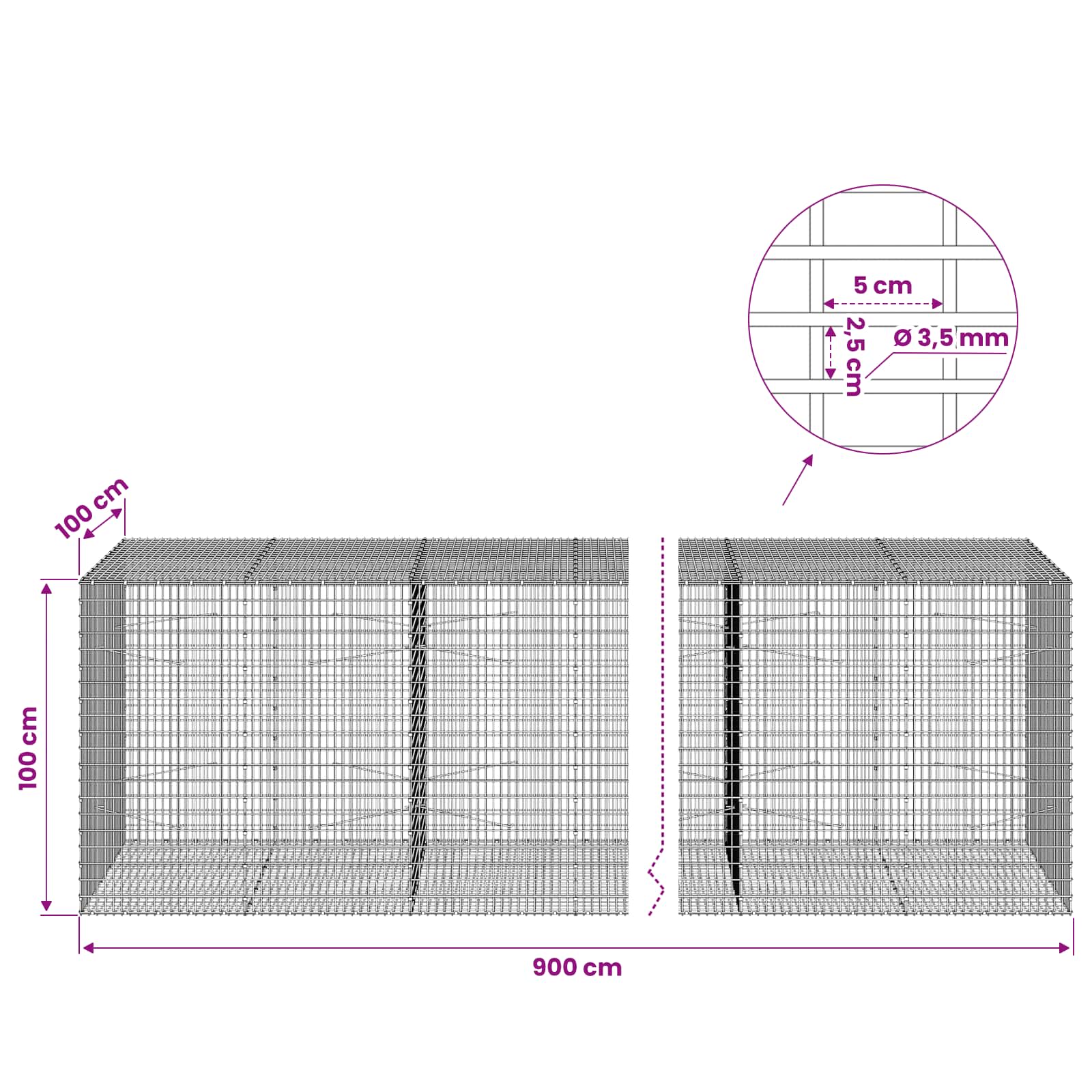Gabion z žico 3,5 mm in mrežo 5x2,5 cm 900x100x100 cm