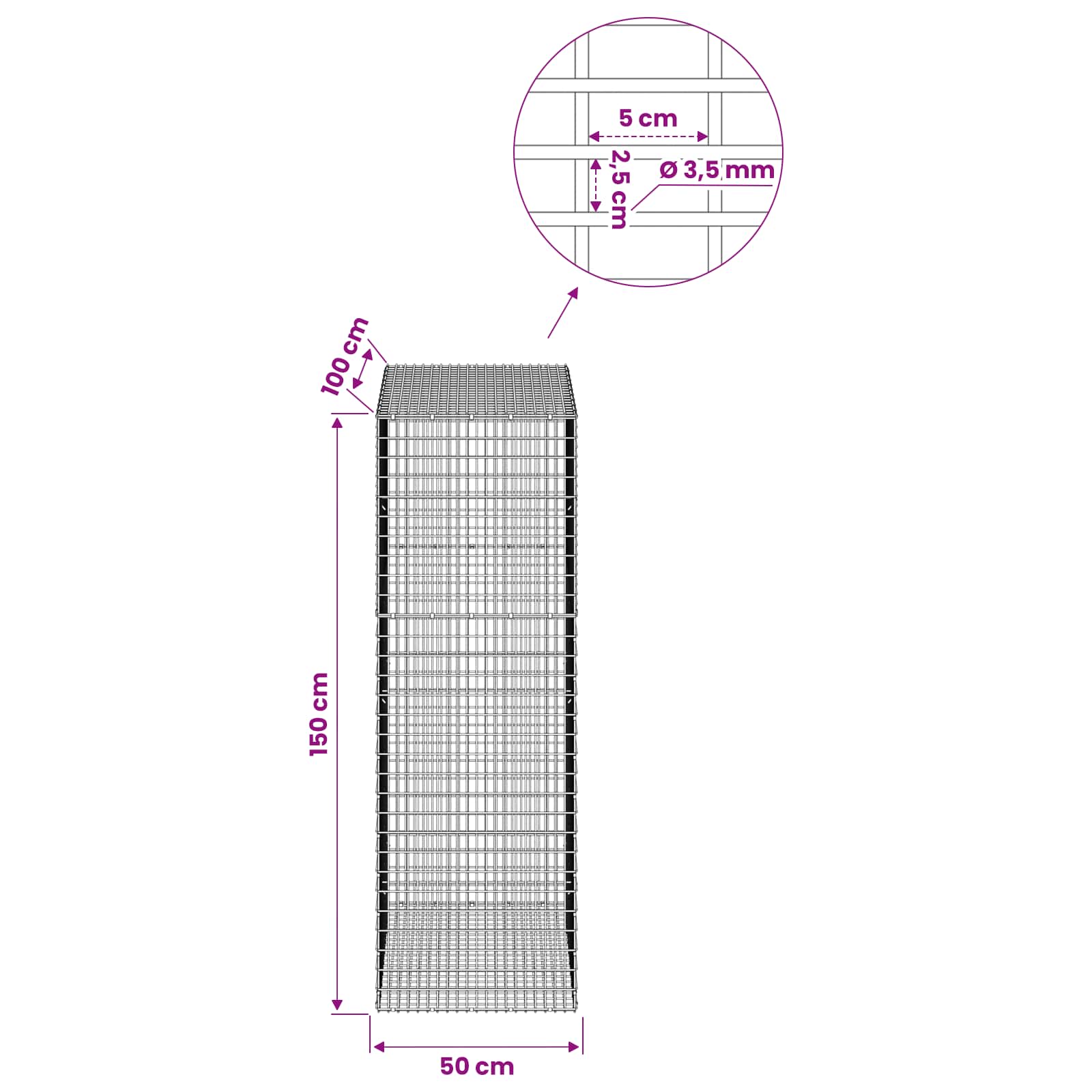 Gabion z žico 3,5 mm in mrežo 5x2,5 cm 50x100x150 cm