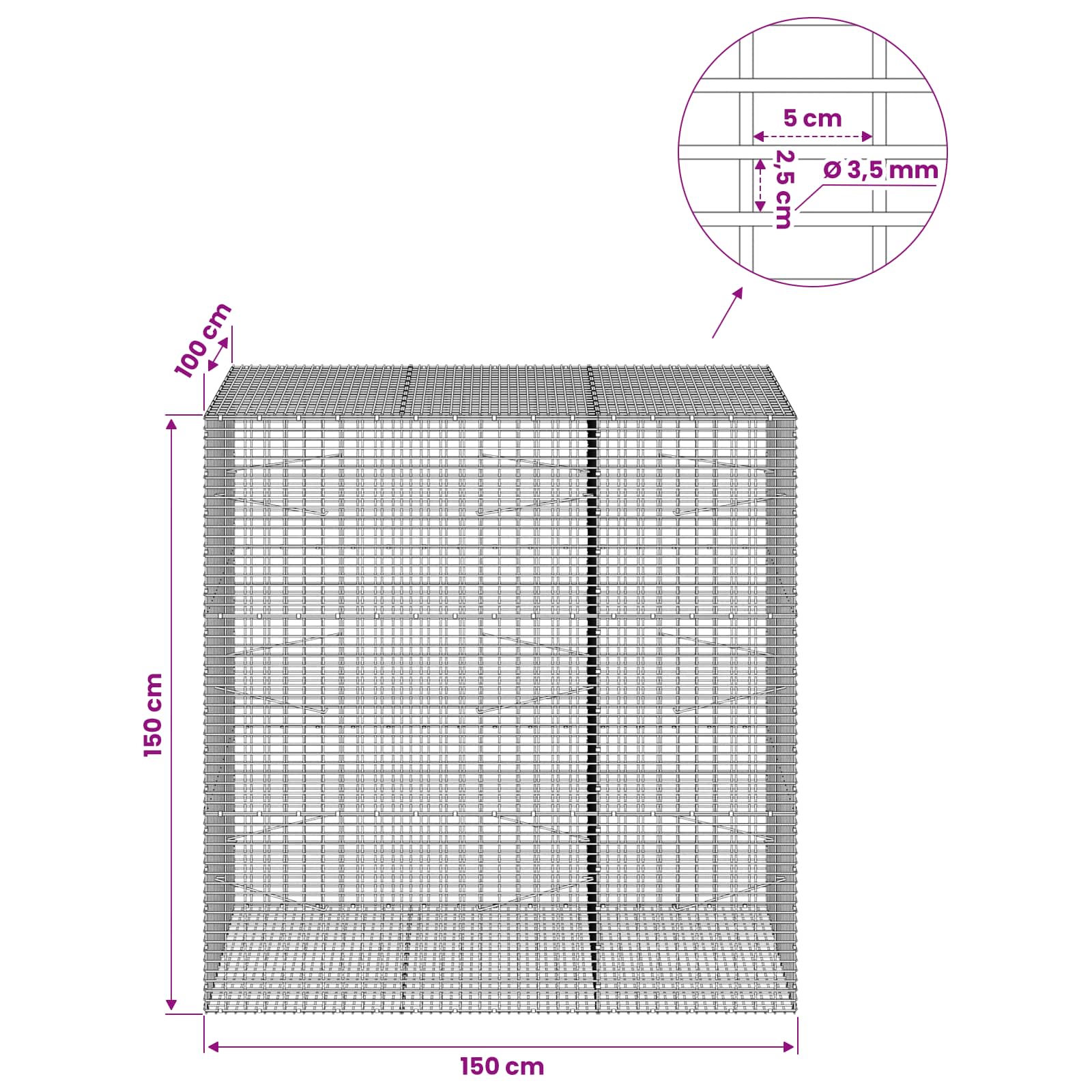 Gabion z žico 3,5 mm in mrežo 5x2,5 cm 150x100x150 cm