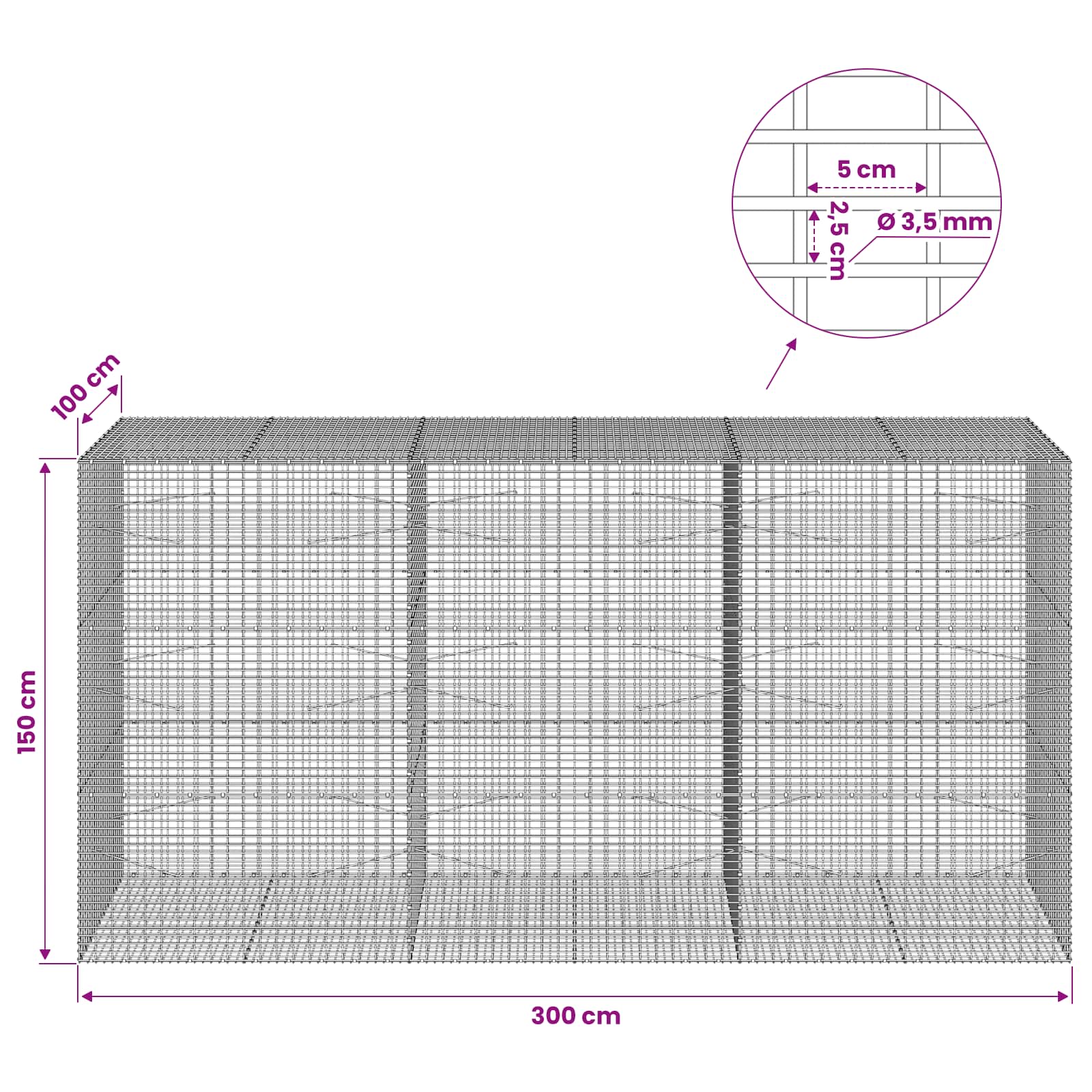 Gabion z žico 3,5 mm in mrežo 5x2,5 cm 300x100x150 cm